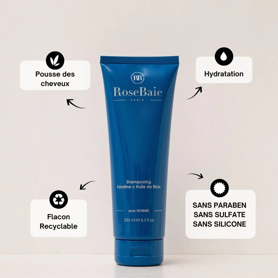 ROSEBAIE Duo Corps et Cheveux Ricin Kératine Probiotiques Shampoing Homme Antichute Antipelliculaire 250ml Gel Douche Fraîcheur Parfum Boisé 250ml