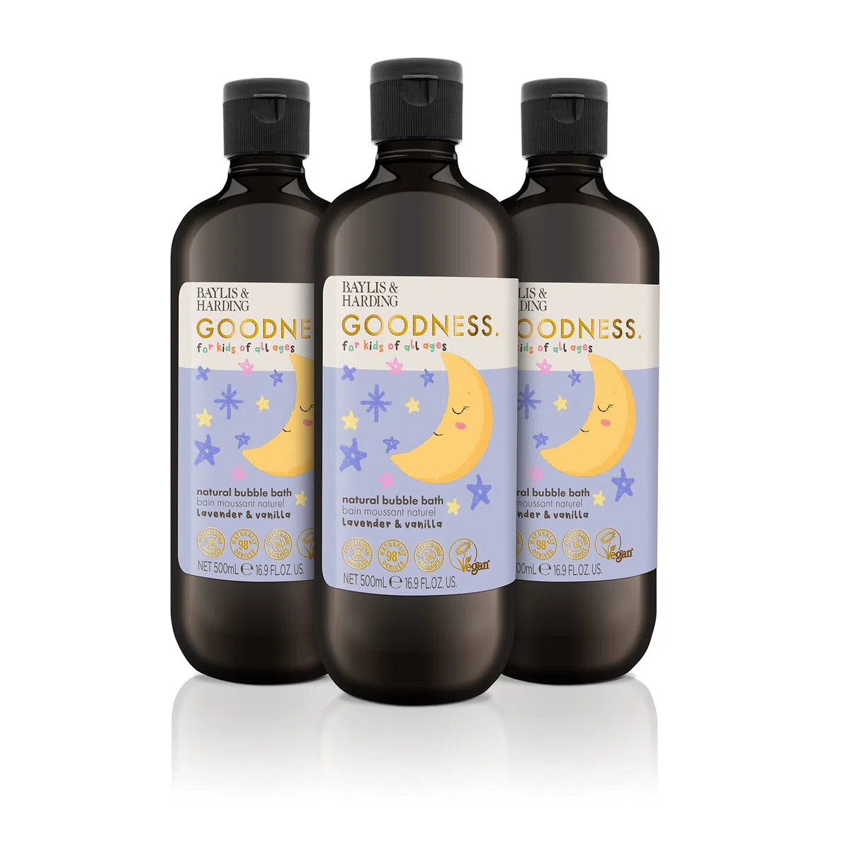 Baylis & Harding Goodness Kids Lot de 3 bains moussants naturels à la lavande et à la vanille, 500 ml, végétalien