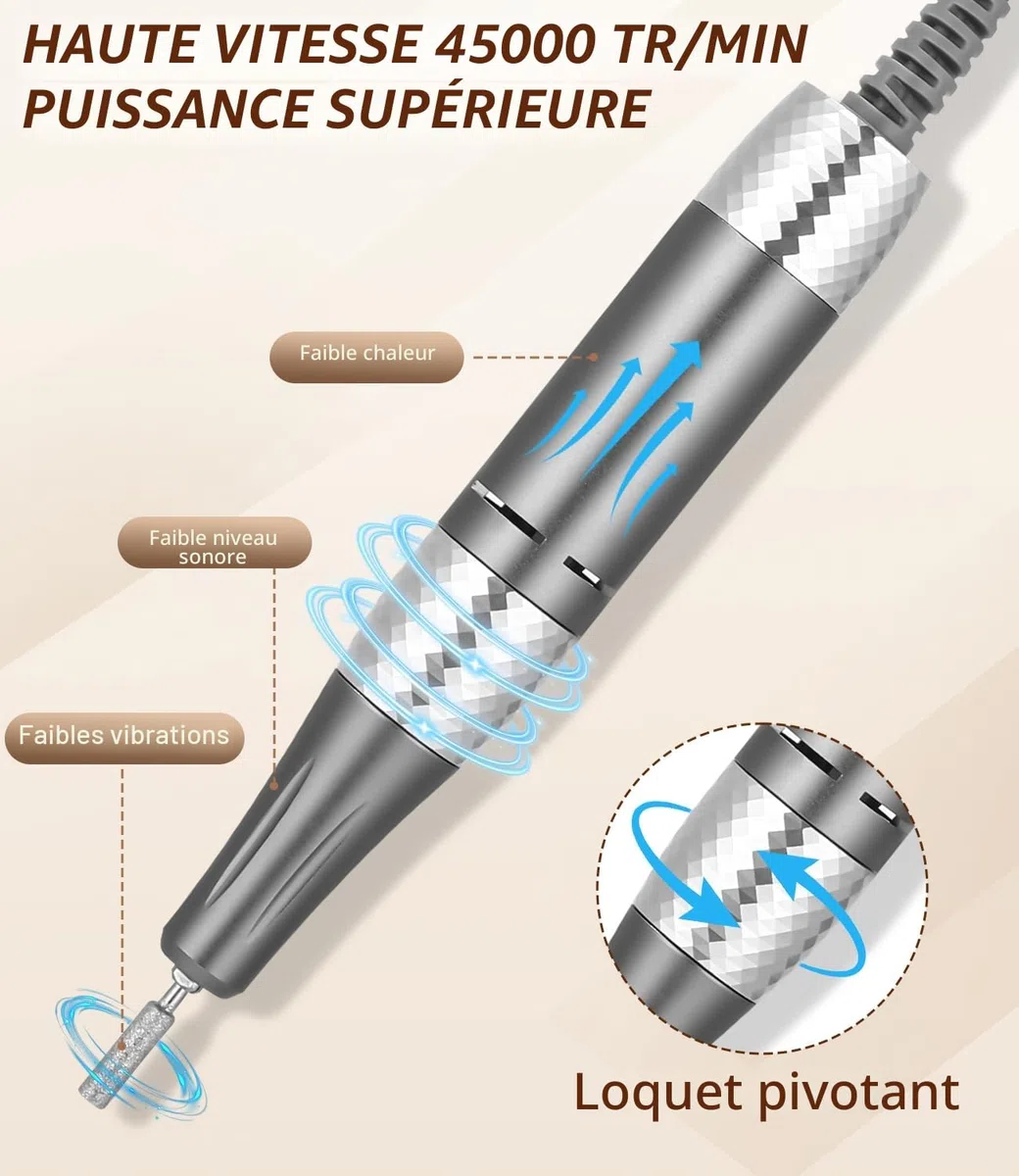 Zawaer Ponceuse pour Ongles 45,000RPM, Professionnelle Lime A Ongle Electrique, Ponceuse Ongles avec Écran LCD, Ensemble d’accessoires Kit avec Manucure Pédicure, pour Salon, Usage Maison Or