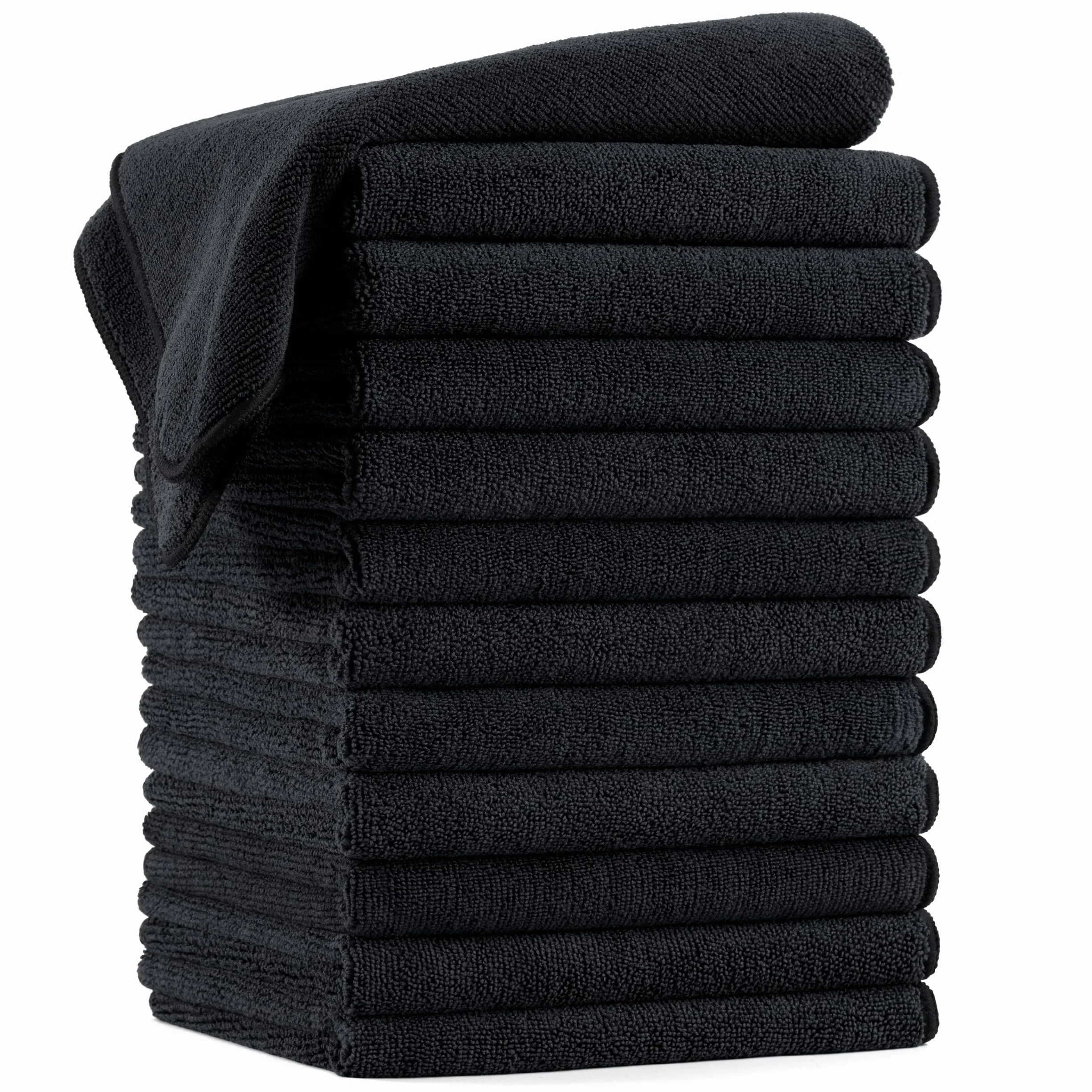 Polyte - 12 Serviettes en Microfibres - séchage des Cheveux - qualité Professionnelle/Salon de Coiffure - sèche Rapidement/ne Peluche Pas - Noir - 40,6 x 73,7 m