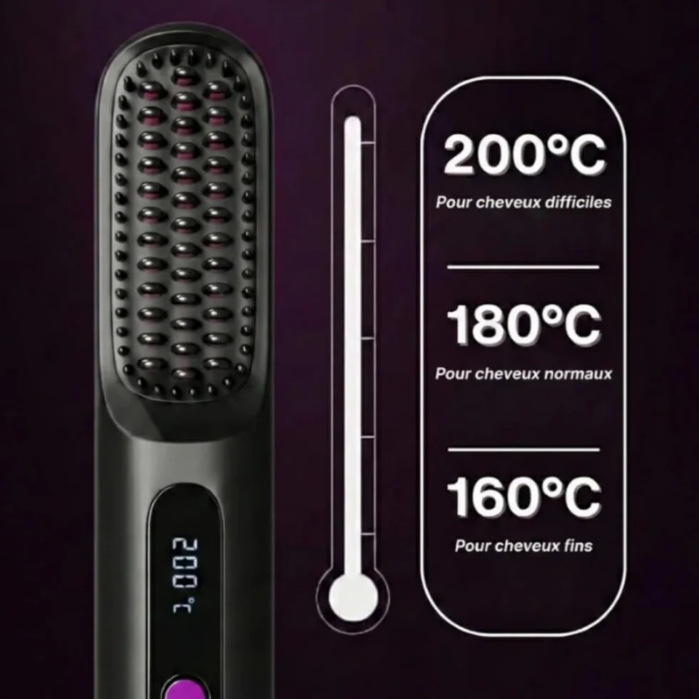 Brosse Lissante Rechargeable Cocoony pour Cheveux Courts avec Affichage LCD, Réglage Température 3 Étapes