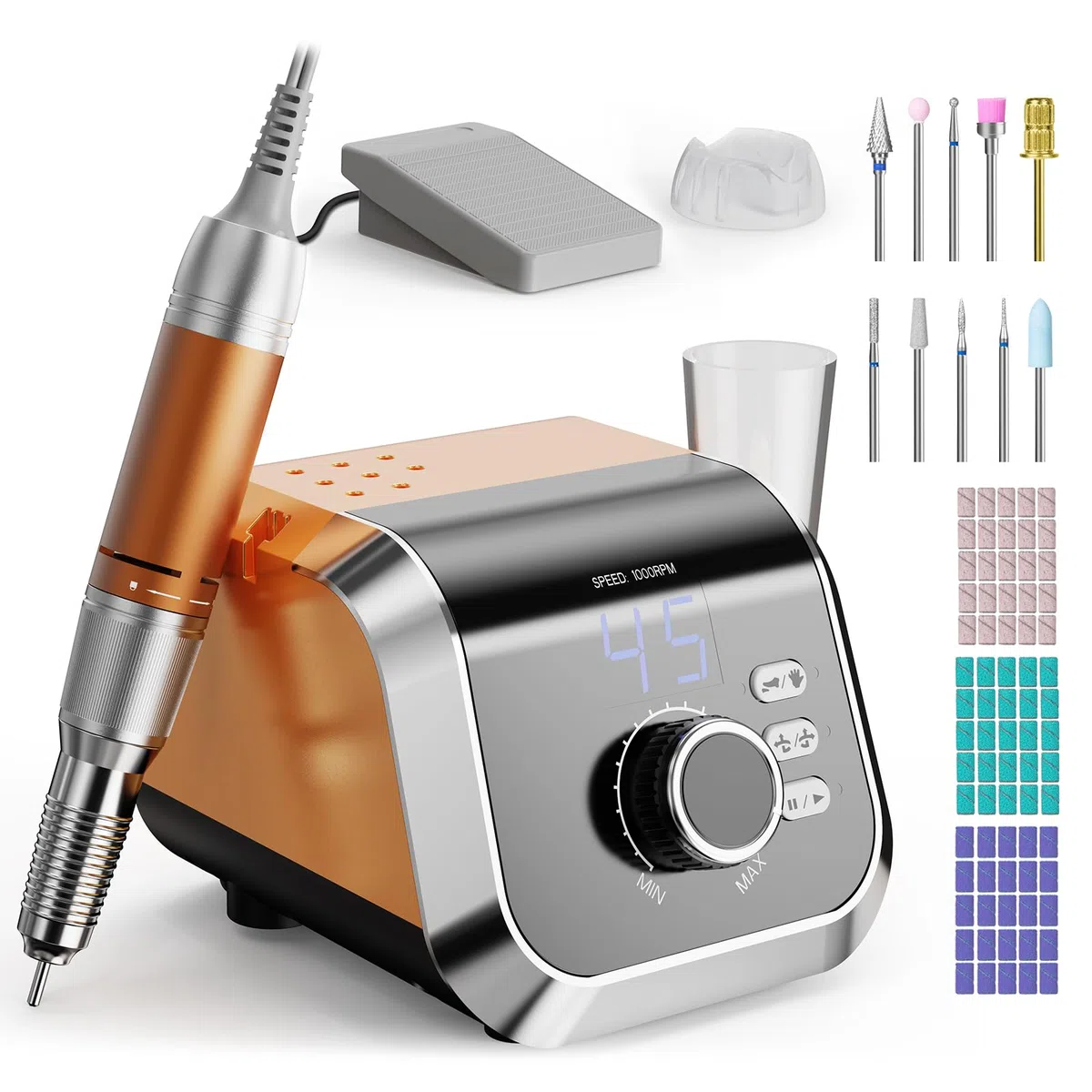 Ponceuse pour Ongles Professionnel: 45000 RPM Ponceuse Ongle avec Pédale & Écran LED, Vitesse Réglable F/R, 10 en 1 Lime a Ongle Electrique pour Acrylique/Gel, Ponceuse Manucure pour Salon/Maison