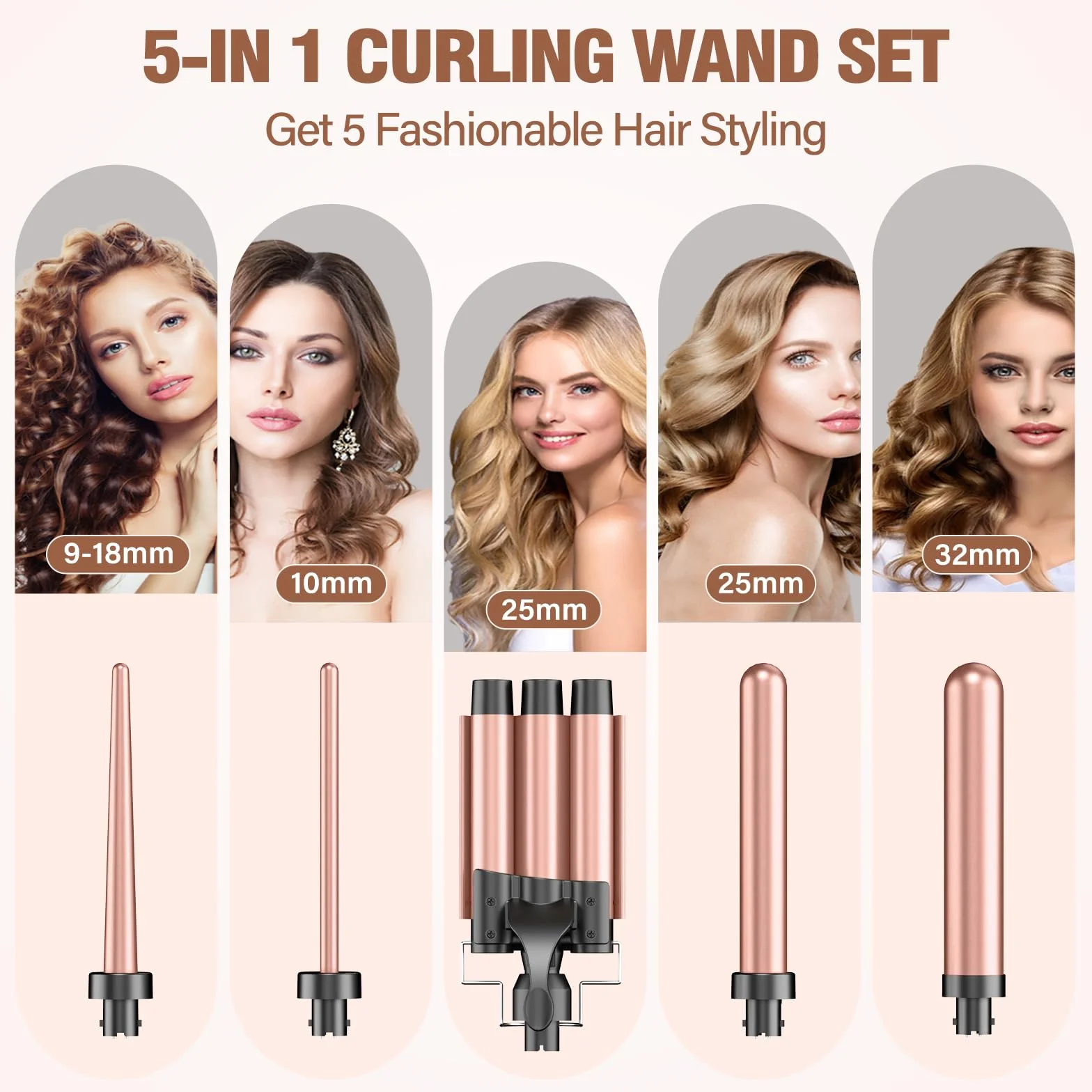 Fer à boucler 5 en 1 BESTOPE PRO – 3 barils céramique pour boucles et ondulations, chauffe rapide, 2 températures, gant et 2 pinces inclus, anti-frisottis, tension universelle, coiffage facile