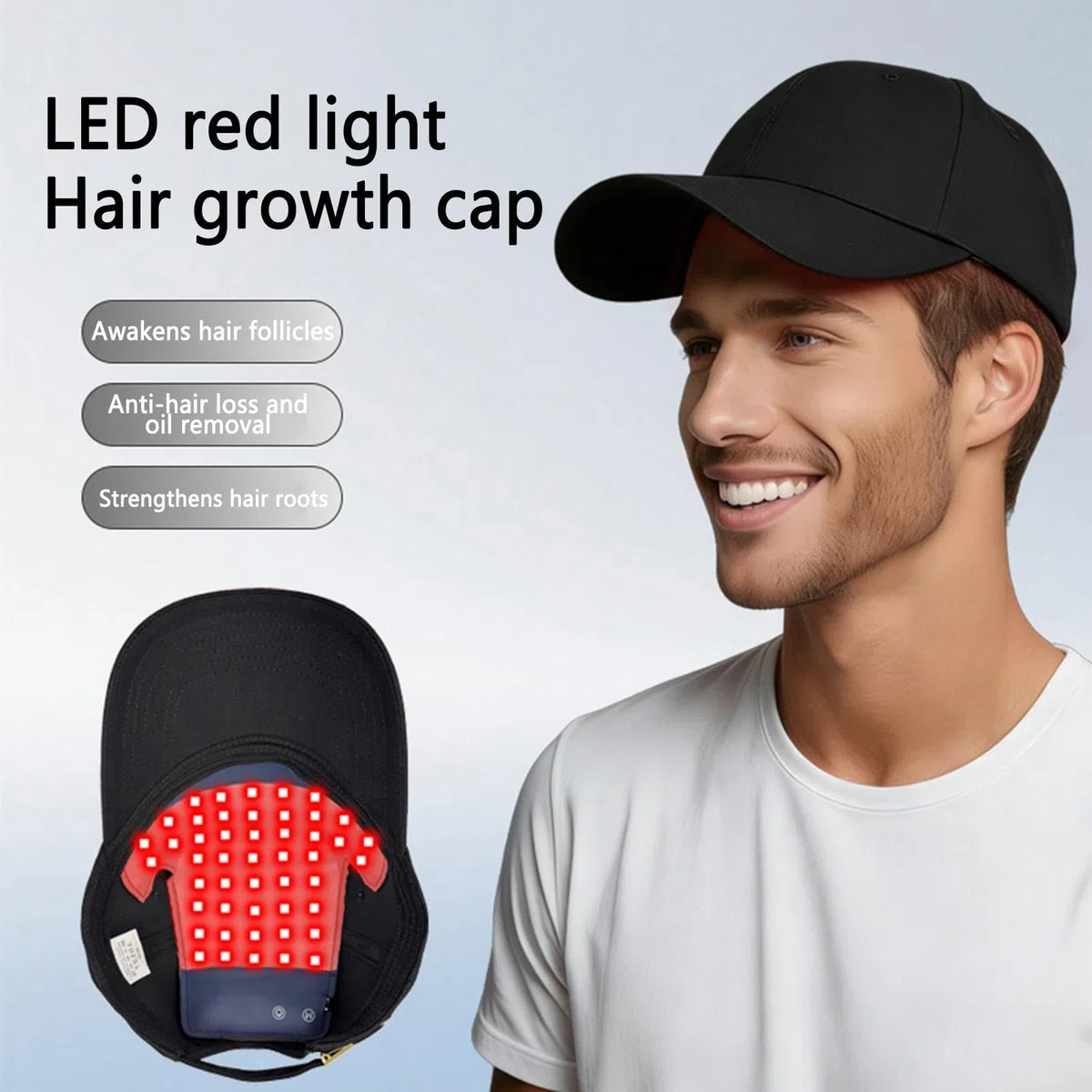 Chapeau de repousse des cheveux à lumière rouge – 450 nm LED soins du cuir chevelu design | Bonnet de repousse des cheveux | Chapeau de cheveux LED pour la maison, les voyages, la stimulation du cuir