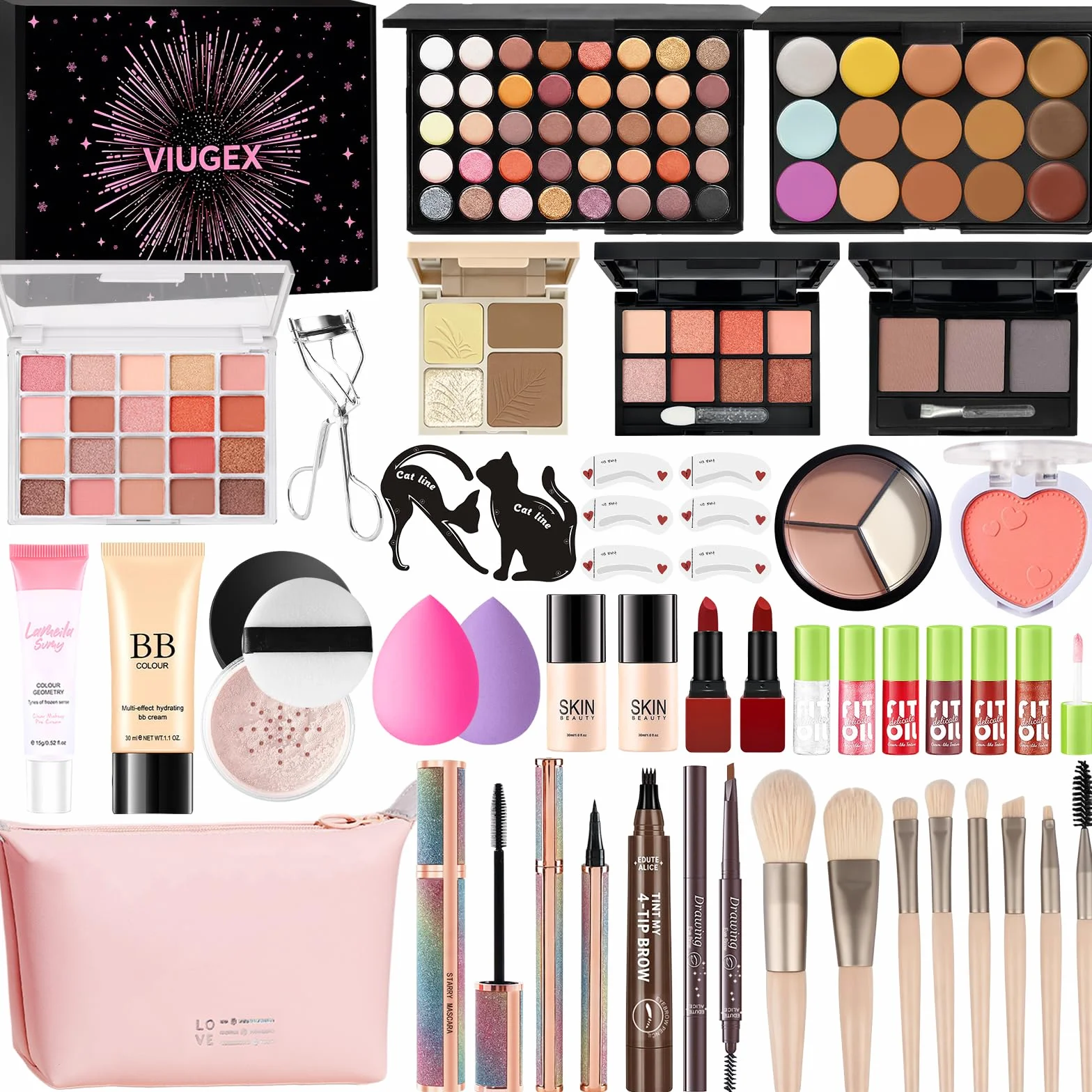 Coffret Maquillage Femme Kit Complet Ombres Paupière Fond de Teint Correcteur Blush Rouge à Lèvre Mascara Eyeliner Pinceaux