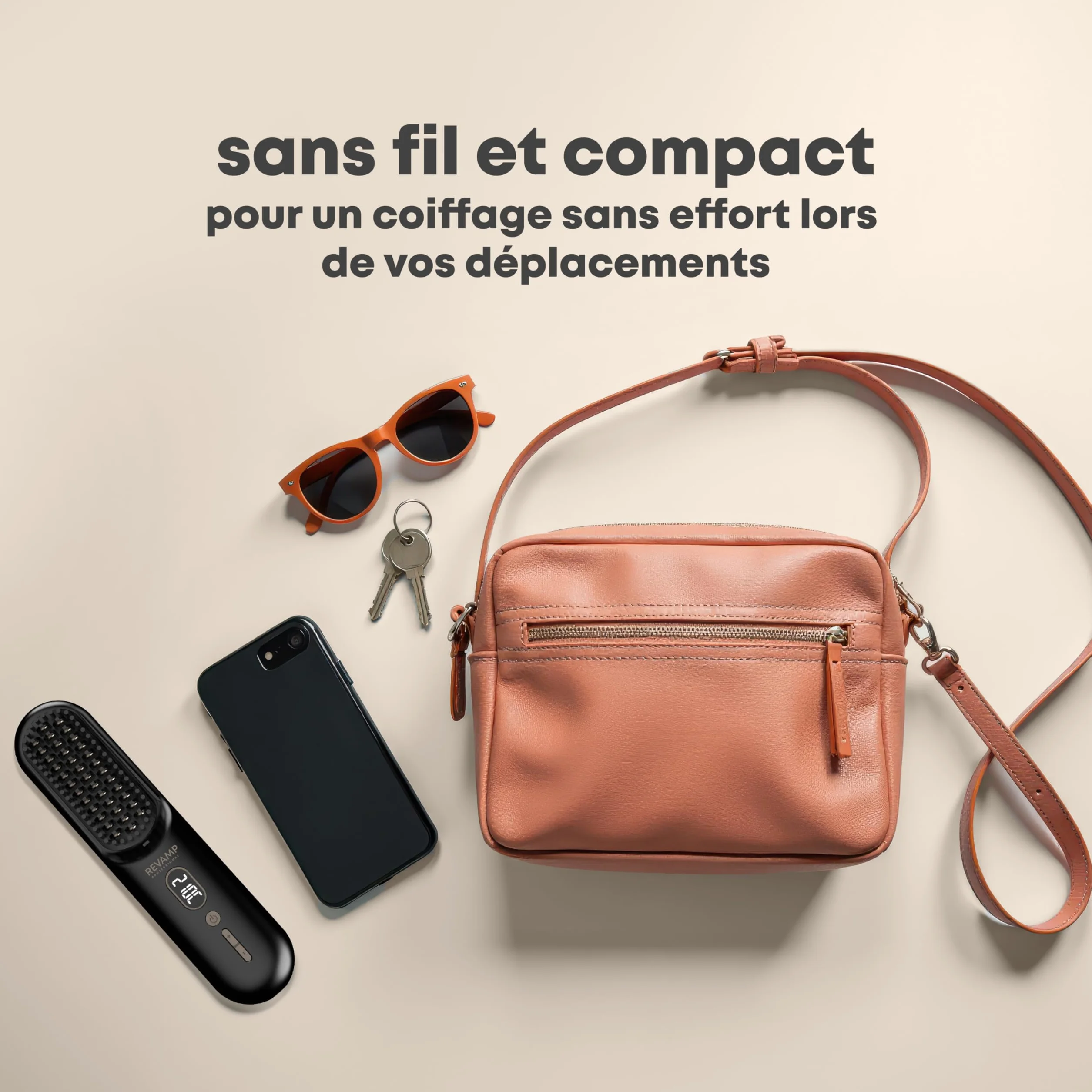 REVAMP Straight & Go Brosse Lissante Sans Fil – Mini Lisseur Ionique avec Dents en Céramique, Recharge USB-C, 60 min d'Autonomie