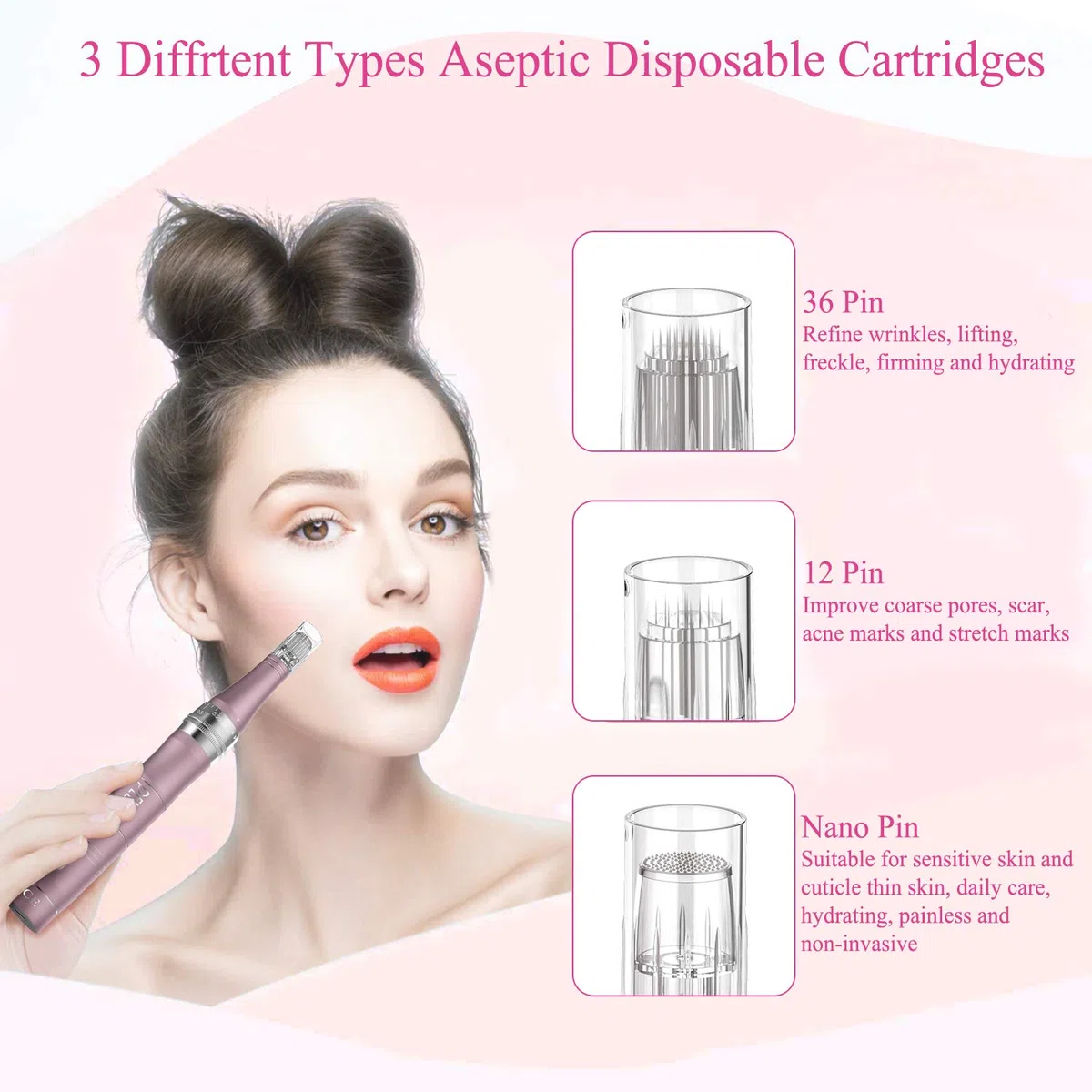 PELCAS Microneedling pour Visage, Stylo Beauté Microneedling avec 12 Cartouches & 3 Vitesses - Soin Visage/Cou/Contour des Yeux, Peau Éclatante