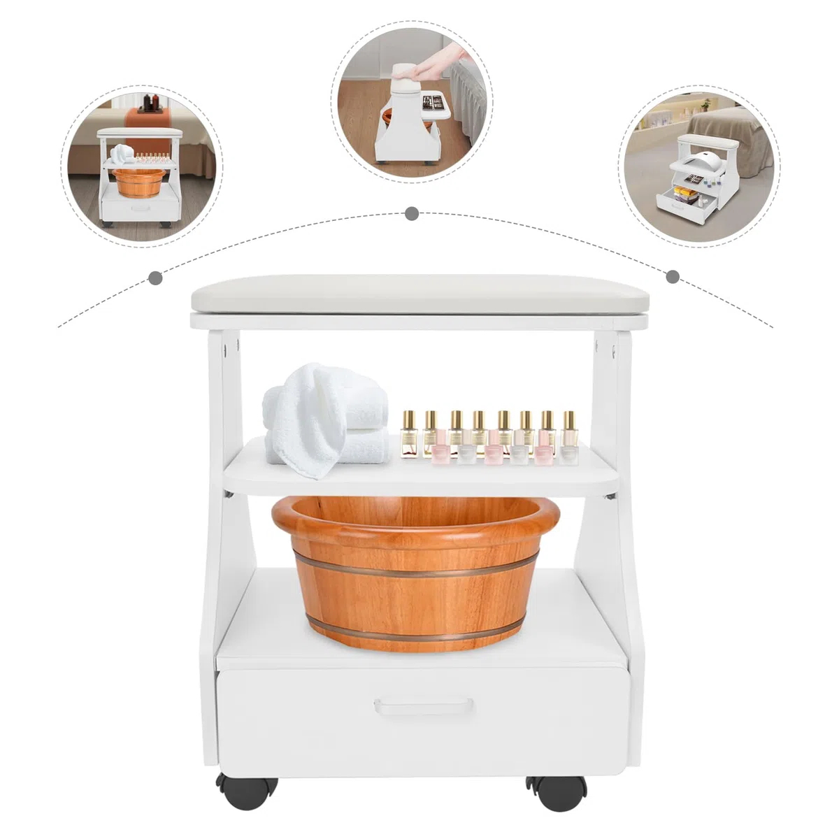 Chariot de rangement 3 niveaux pour manucure et pédicure, 50 kg, 52 x 41 x 55 cm blanc