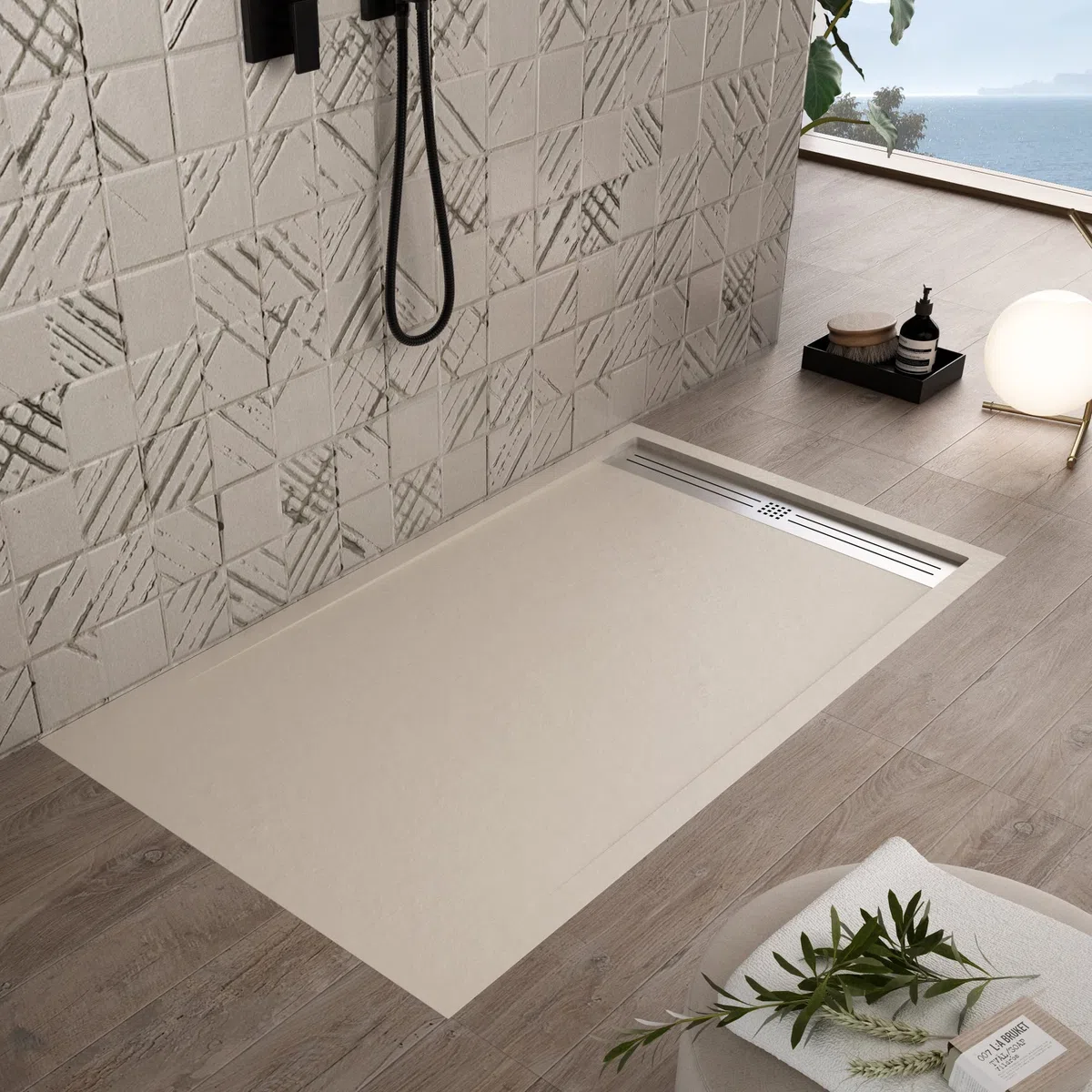 Receveur de douche en résine marbre crème effet pierre-ciment RELAX 90 x 110