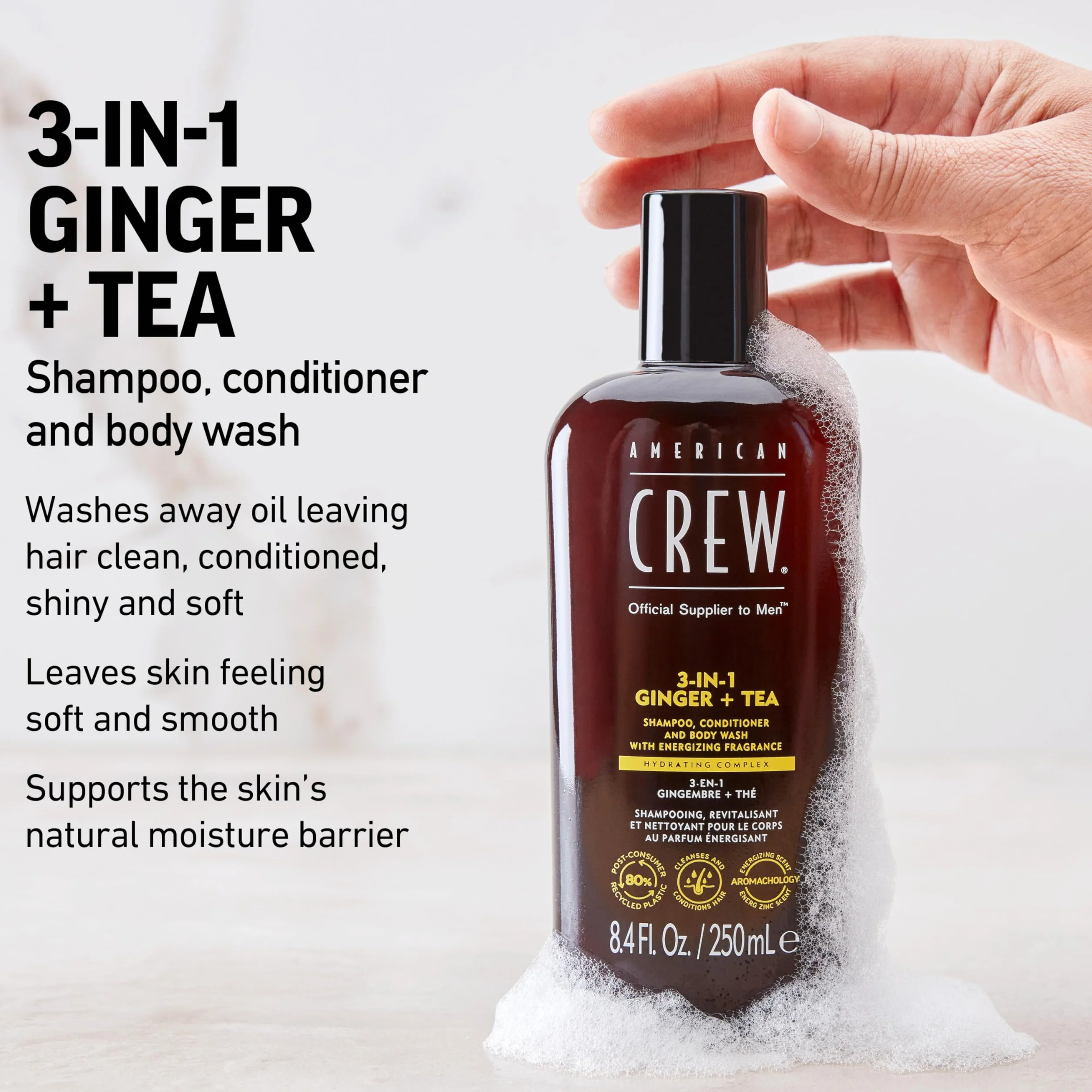 American Crew Shampoing 3 en 1 Shampooing Après-Shampoing Gel Douche Cheveux Corps 1L