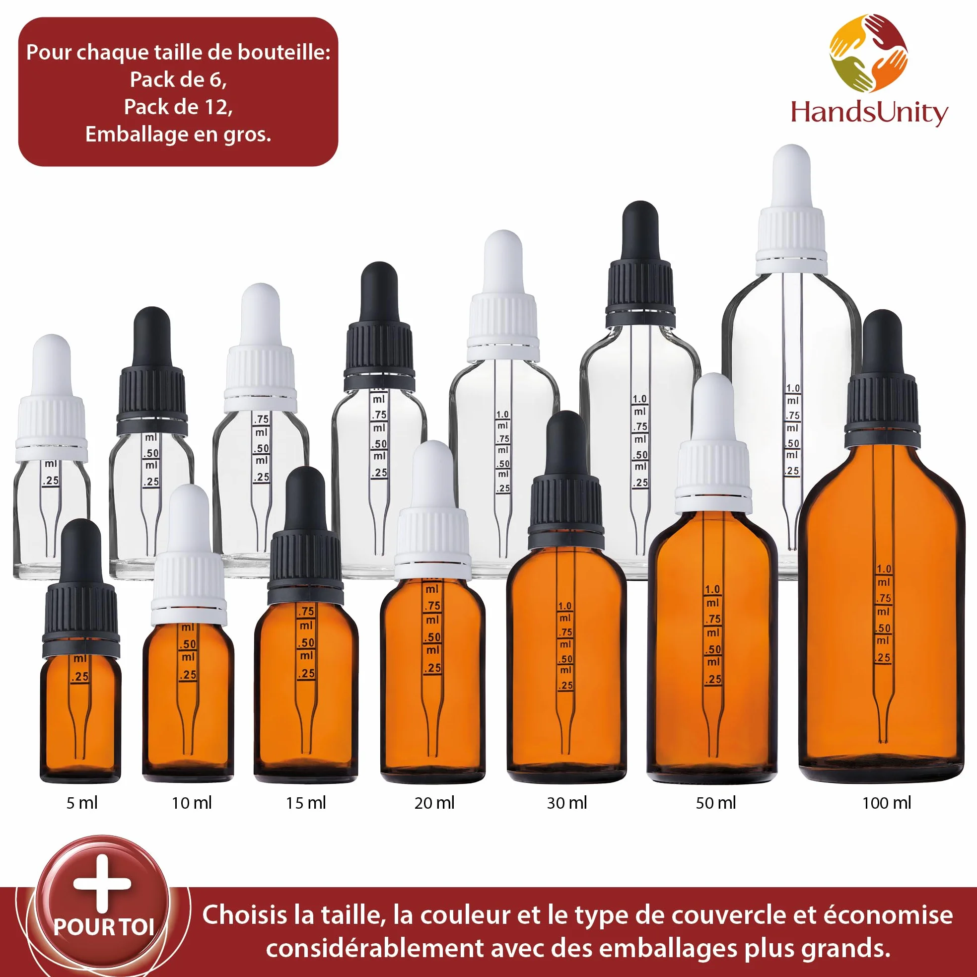 Flacon de Pipette en Verre Ambré 30ml - 110 Pièces Bouteilles en Verre Brun avec Capuchon Noir