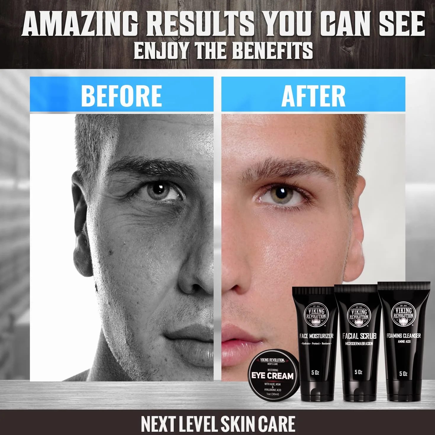 Viking Revolution Coffret Soin Visage Homme Crème Hydratante Gommage Exfoliant Nettoyant Visage Crème Yeux Cadeau Homme