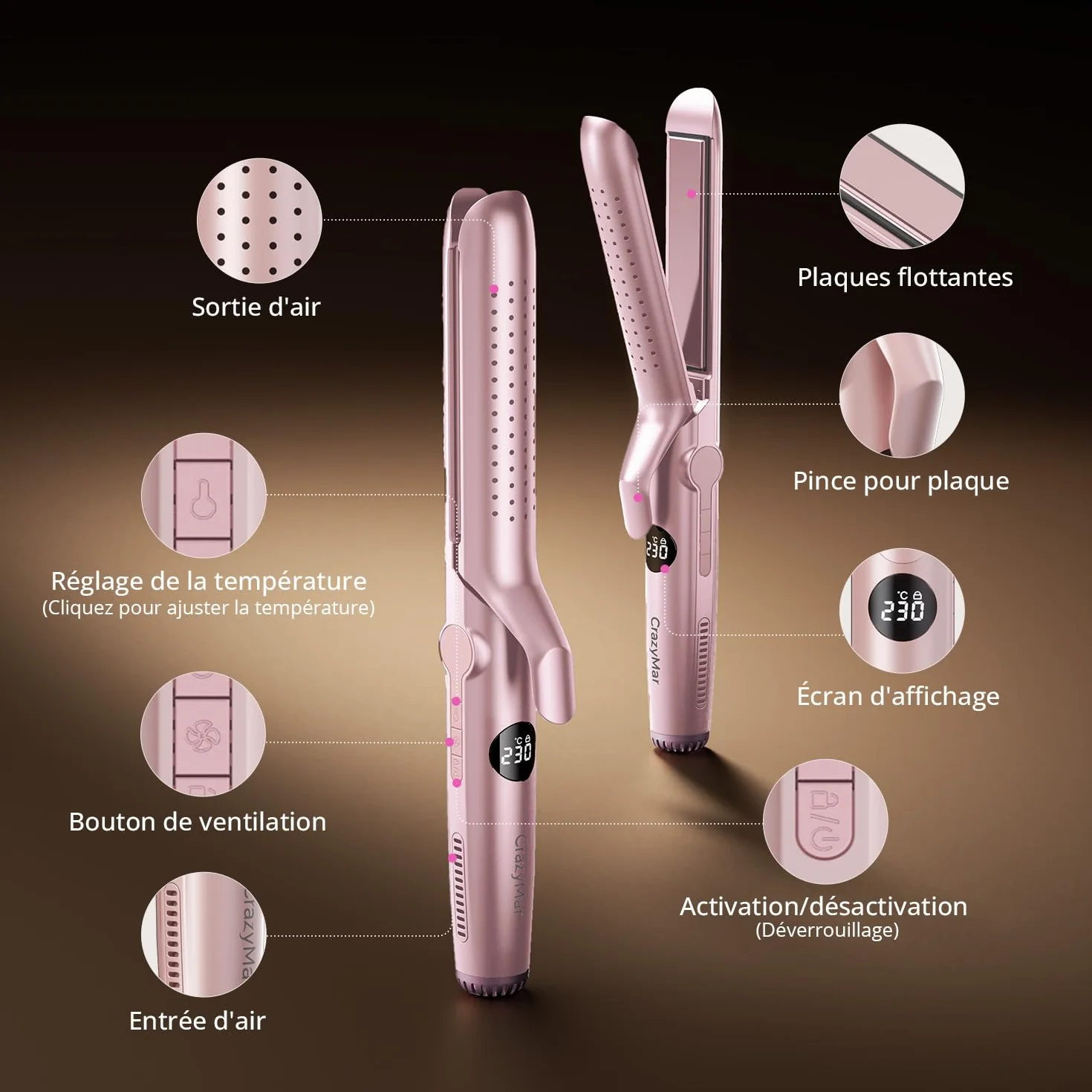 CrazyMar Lisseur à Air Froid et Boucleur Ionique 2-en-1 9 Températures 110℃-230℃ pour Cheveux Bouclés Lisses Appareil de Coiffure Rose
