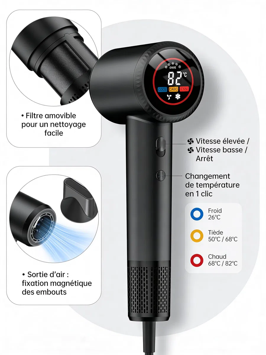 Sèche Cheveux Ionique Professionnel, Moteur Haute Vitesse 110 000 tr/min, Séchage Rapide, 300 Millions Ions Négatifs, 59 dB Silencieux, Léger 348 g, Contrôle Température, Diffuseur Magnétique