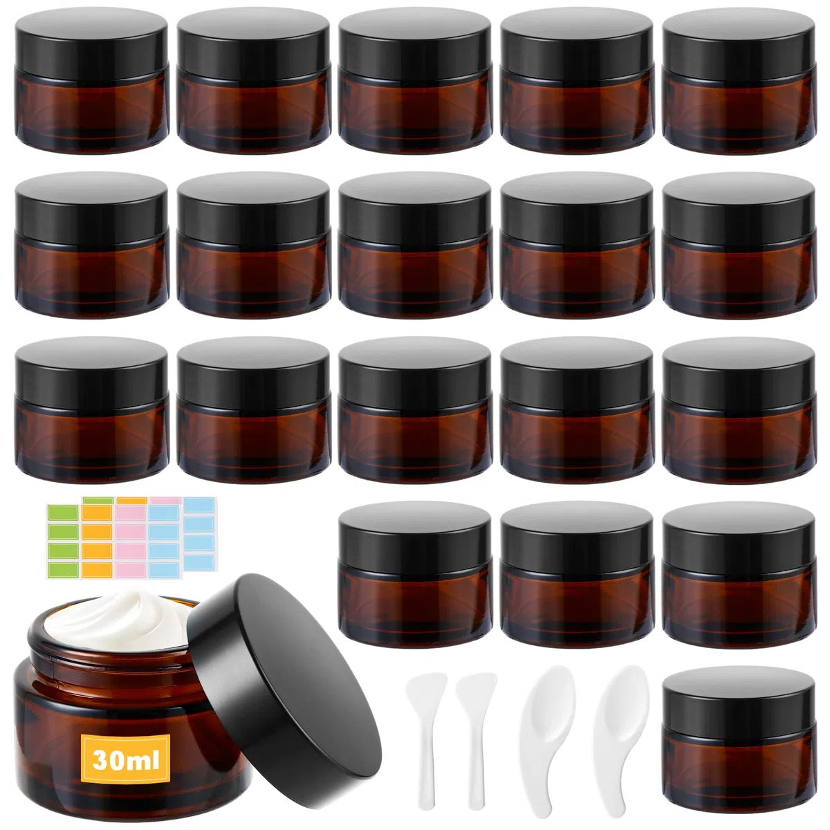 YAYODS Lot de 20 Pots en Verre Ambré 30 ml - Pot à Crème Vide avec Couvercle Hermétique et Opercule - Contenant Cosmétique Anti-UV