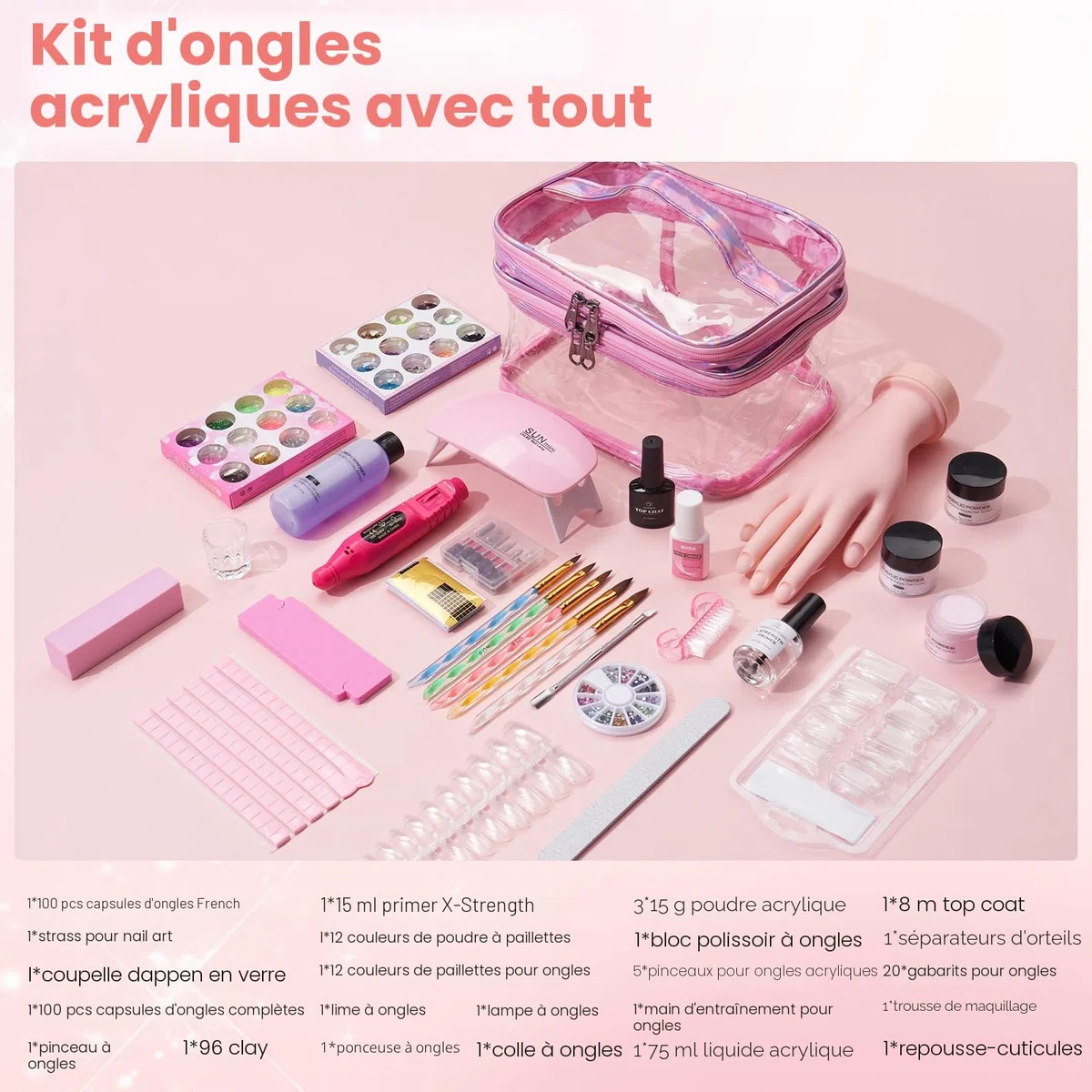 Deciniee Acrylique Kit Ongles Pour Débutants–Faux Ongles/Poudre Acrylique/Lampe UV/Main D'Entrainement Manucure-Idéal Pour DIY Nail Art-Kit Avec Outils Complet Dans Un Sac De Stockage Rose