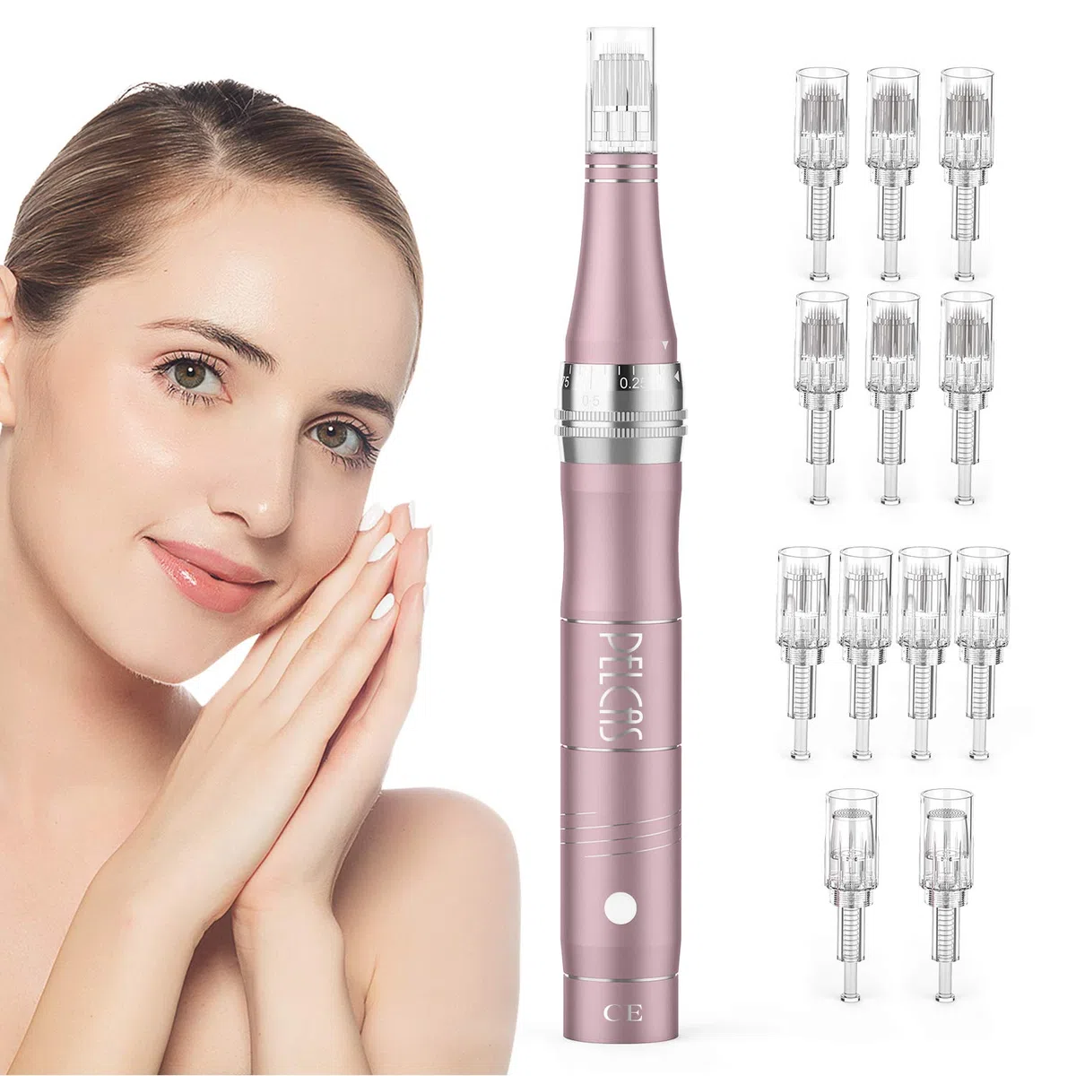 PELCAS Microneedling pour Visage, Stylo Beauté Microneedling avec 12 Cartouches & 3 Vitesses - Soin Visage/Cou/Contour des Yeux, Peau Éclatante