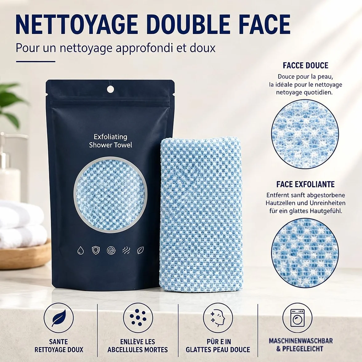 Ecovia Serviette Exfoliante Douce Corps Visage Lot 3 Couleurs Noir Rose Bleu