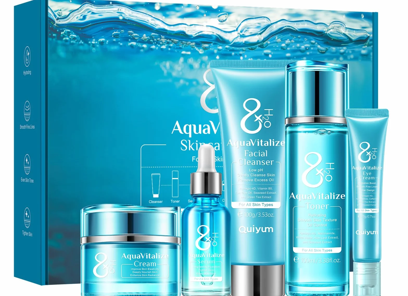 QUIYUM Coffret de Soins Visage 8x H2O AquaVitalize, Coffret Cadeau 5 Pièces pour Femmes, Skincare avec du Panthénol et de l’Acétyl Hexapeptide-8, Hydratation Intensive et Réduction des Ridules