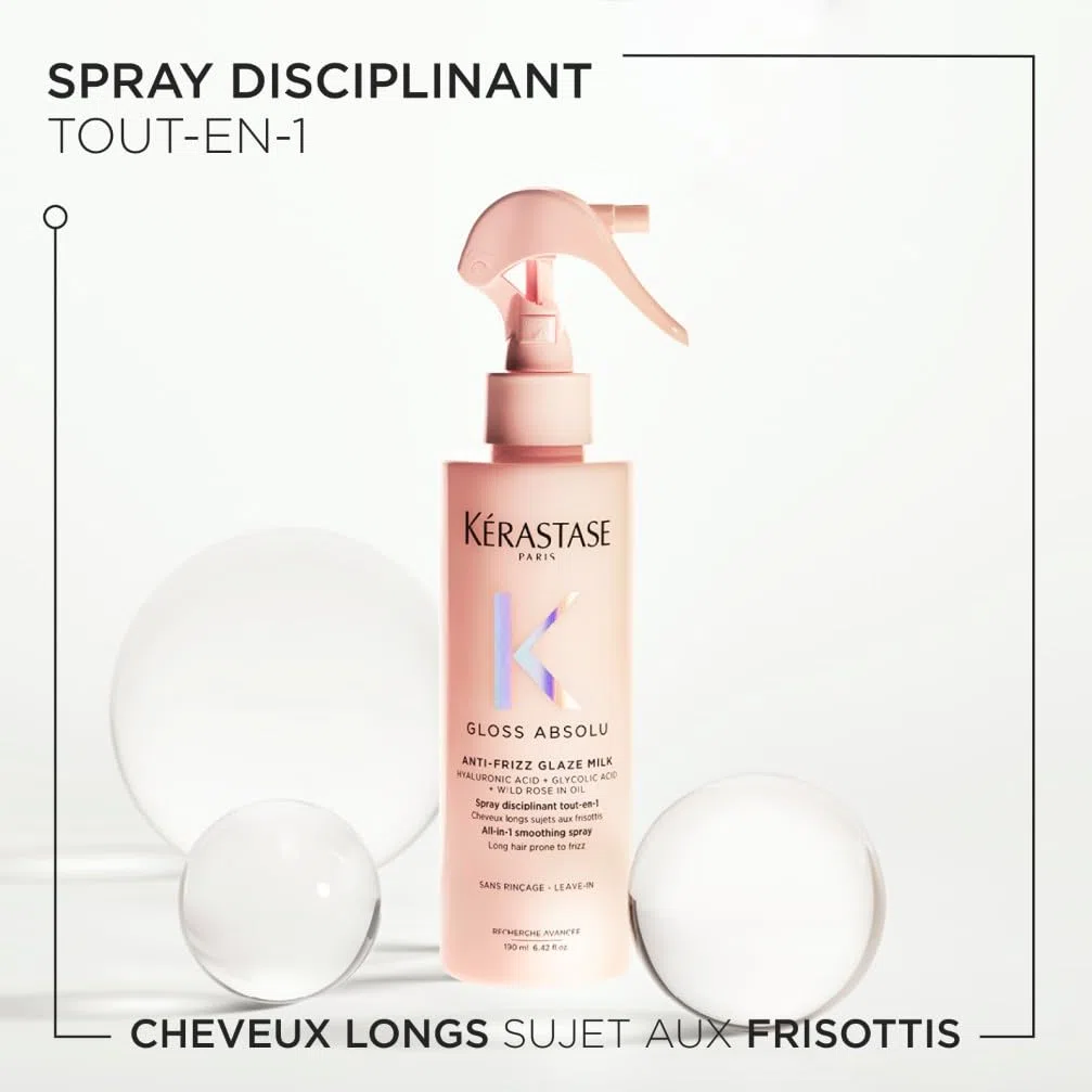 KÉRASTASE Gloss Absolu - Anti-Frizz Glaze Milk - Spray Disciplinant tout-en-1 - Acide Hyaluronique, Acide Glycolique et Rose Sauvage - Cheveux Longs et Sujets aux Frisottis