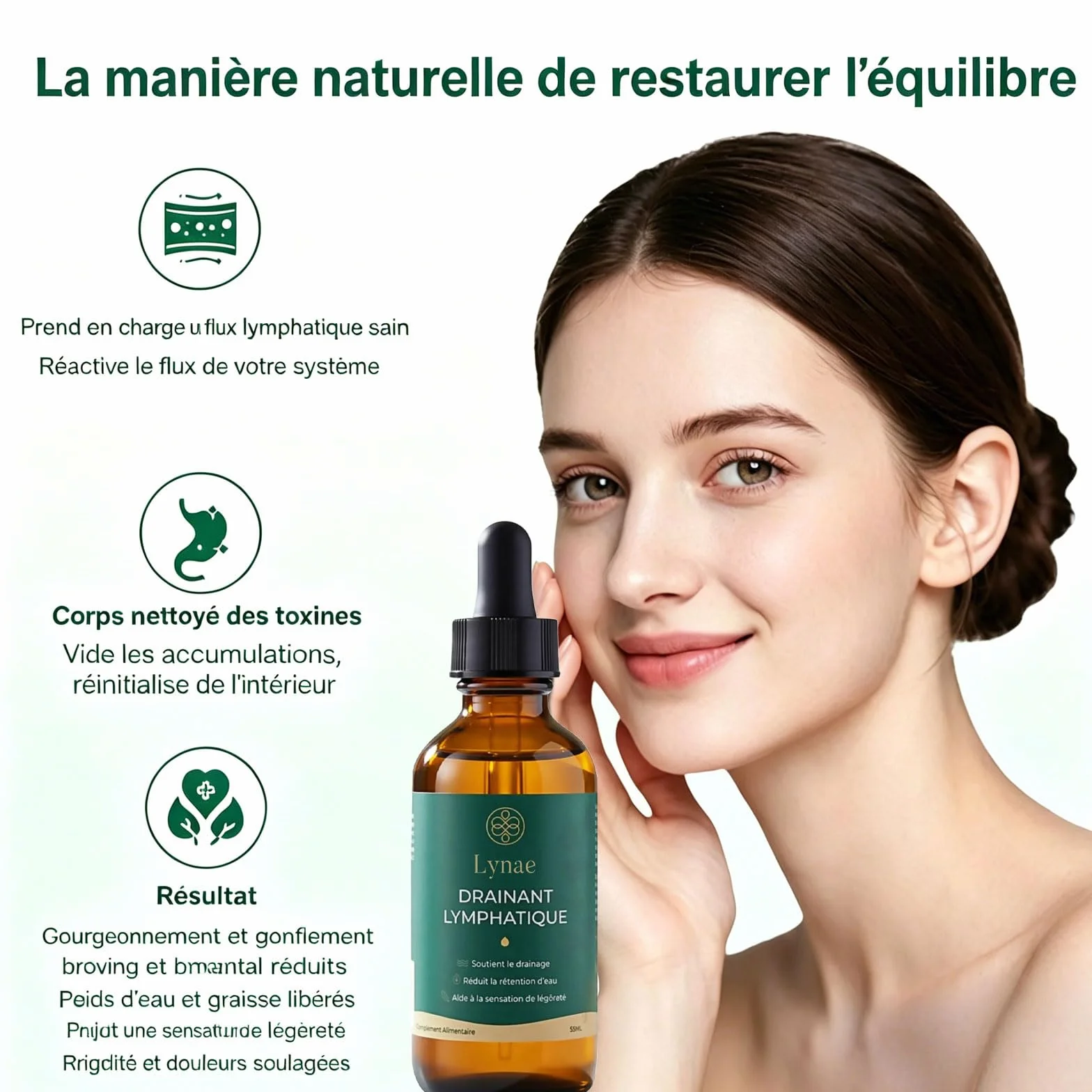 Lynae Drainant Lymphatique Goutte, Drainage Lymphatique Corps Complet, Mélanges à Base de Plantes Naturelles, Sans Gluten, 2 flacons