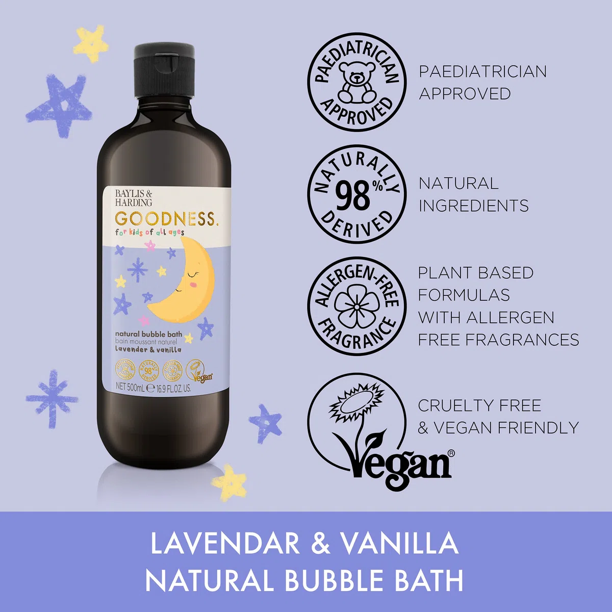 Baylis & Harding Goodness Kids Lot de 3 bains moussants naturels à la lavande et à la vanille, 500 ml, végétalien