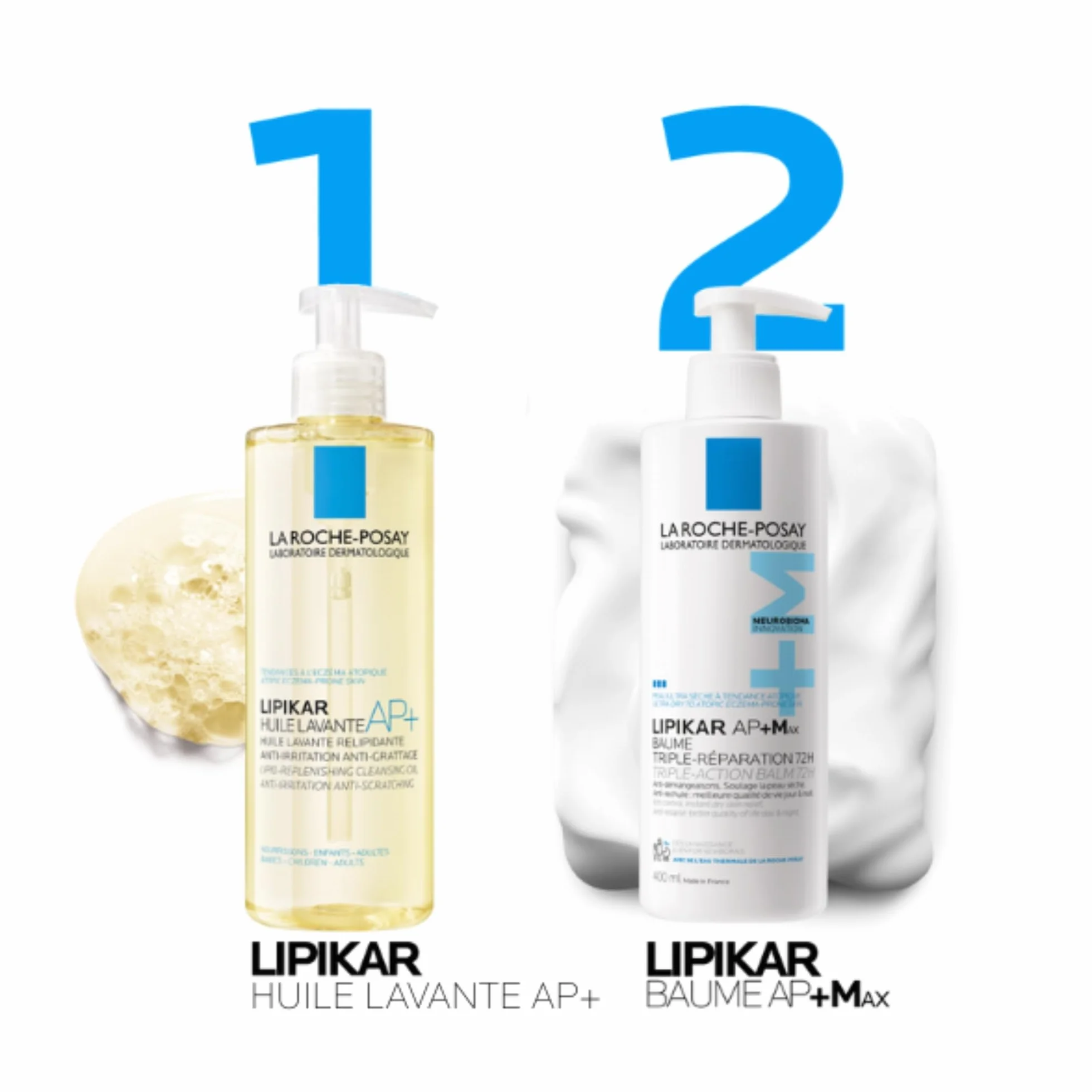 La Roche-Posay Lipikar Huile Lavante AP+ & Baume AP+M 400 ml x 2 Pour Peaux Sèches Très Sèches Atopiques