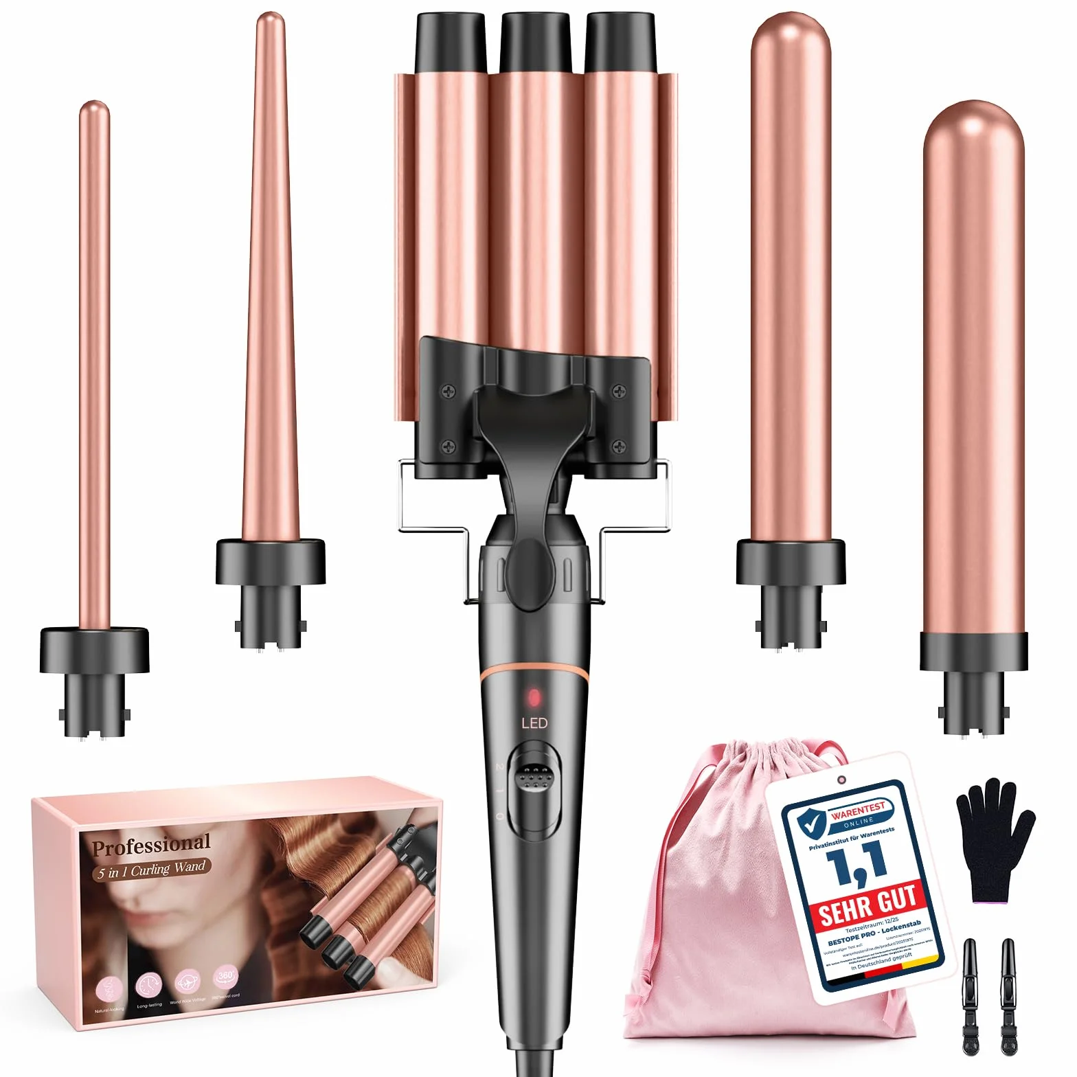 Fer à boucler 5 en 1 BESTOPE PRO – 3 barils céramique pour boucles et ondulations, chauffe rapide, 2 températures, gant et 2 pinces inclus, anti-frisottis, tension universelle, coiffage facile