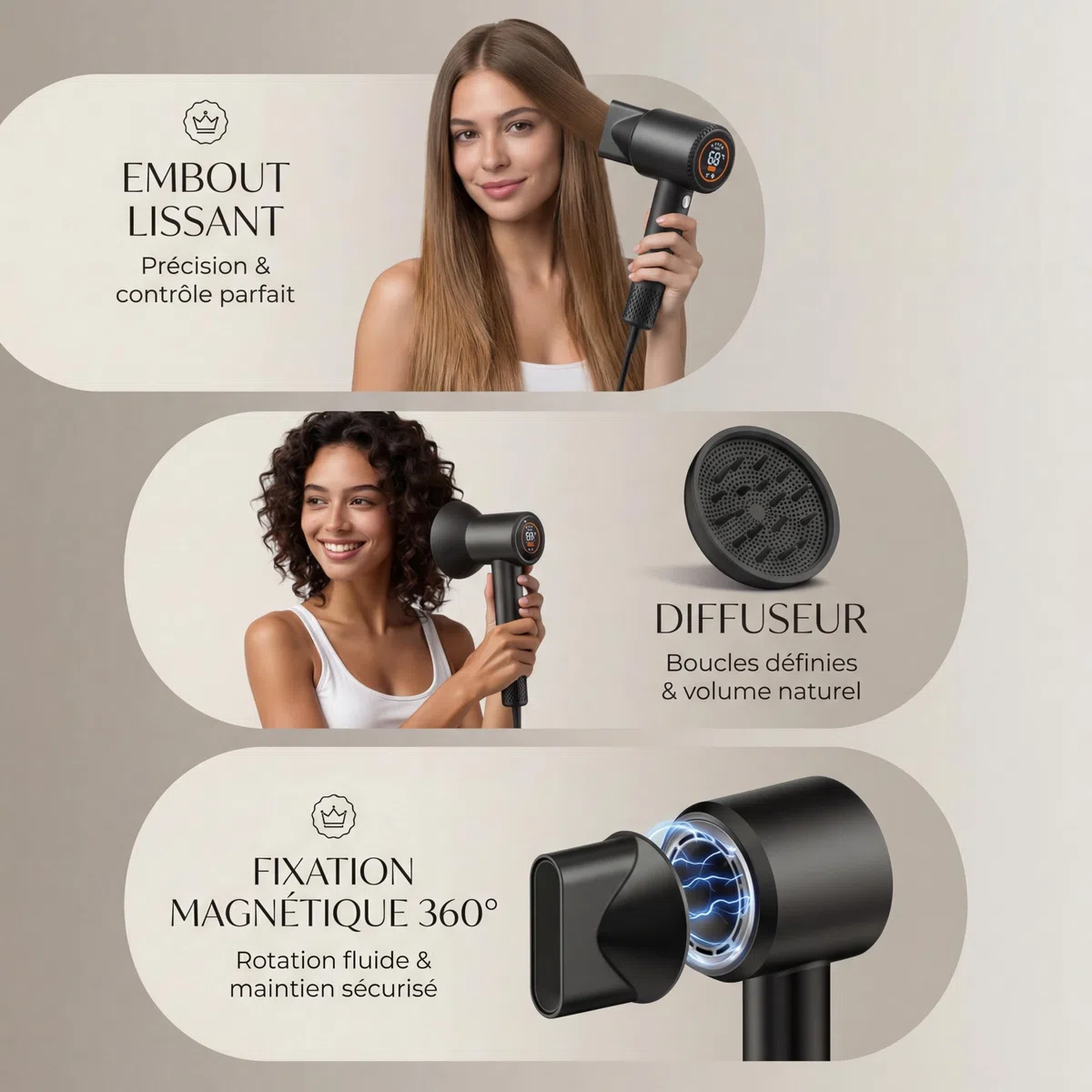 Sèche Cheveux Ionique Professionnel, Moteur Haute Vitesse 110 000 tr/min, Séchage Rapide, 300 Millions Ions Négatifs, 59 dB Silencieux, Léger 348 g, Contrôle Température, Diffuseur Magnétique