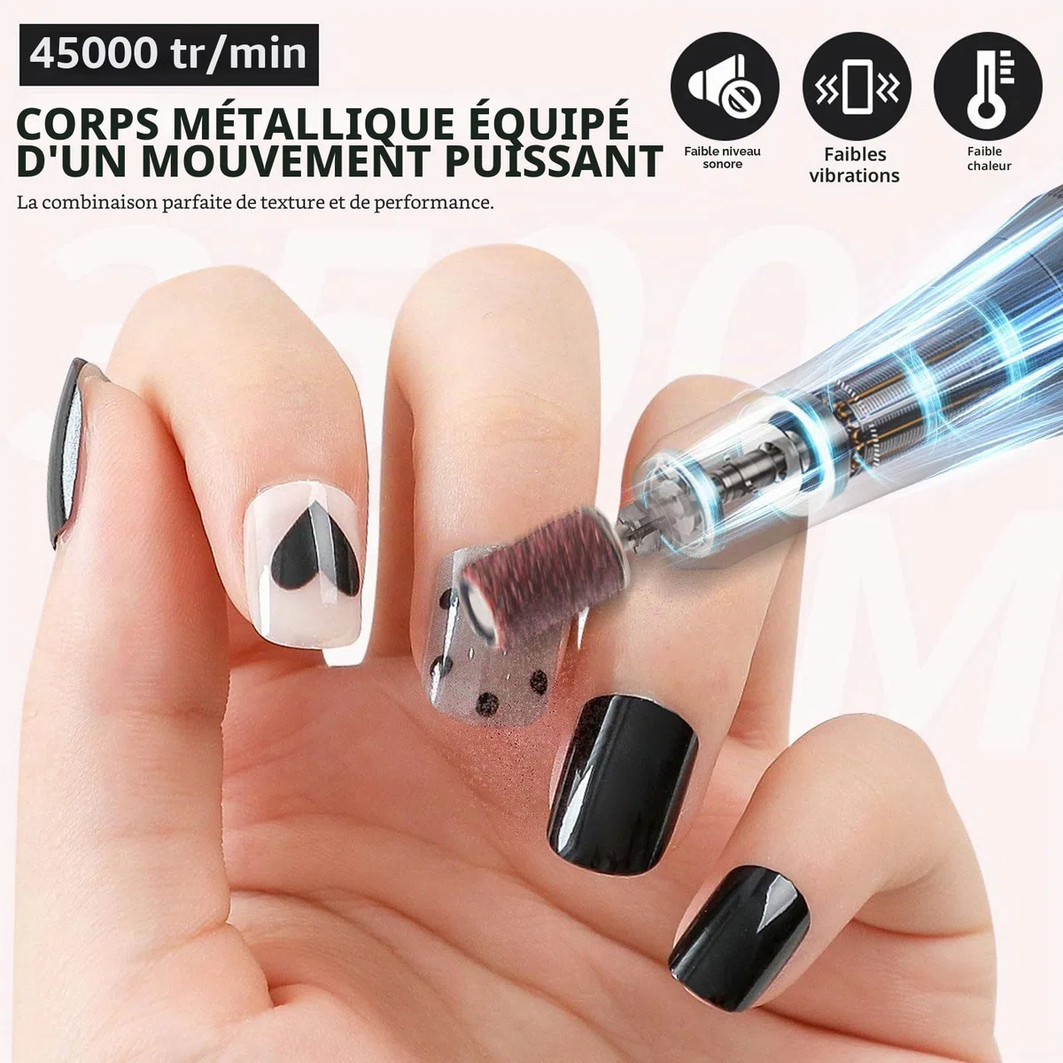 Ponceuse pour Ongles Professionnelle 45000 RPM Portable Rechargeable avec 13 Embouts et 56 Bandes de Ponçage, LCD écran, Ultra Silencieuse, Silencieuse pour Salon/Maison (Rose)