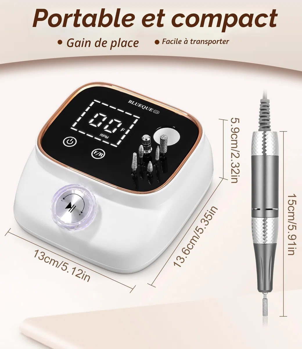 Zawaer Ponceuse pour Ongles 45,000RPM, Professionnelle Lime A Ongle Electrique, Ponceuse Ongles avec Écran LCD, Ensemble d’accessoires Kit avec Manucure Pédicure, pour Salon, Usage Maison Or