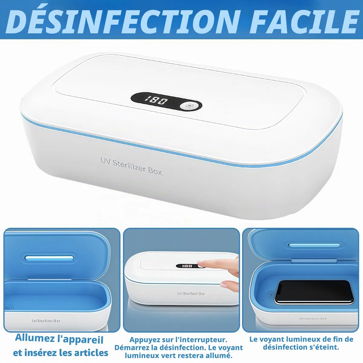 Désinfectant UV pour téléphone portable en ABS : boîte de désinfection UV avec affichage numérique, alimenté par USB Nail Tools Stérilisateur avec 2 compte-gouttes pour téléphone portable
