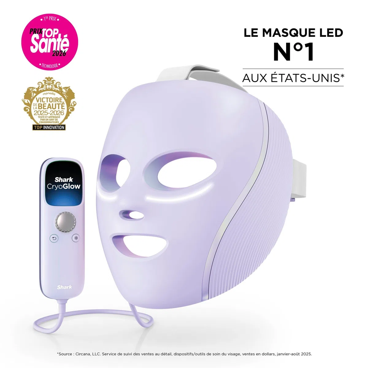 Masque LED Shark CryoGlow avec rafraîchissement du contour des yeux, LED rouge et bleue, Photothérapie par lumière infrarouge, USB-C, Télécommande, Sac de rangement, Sangles réglables