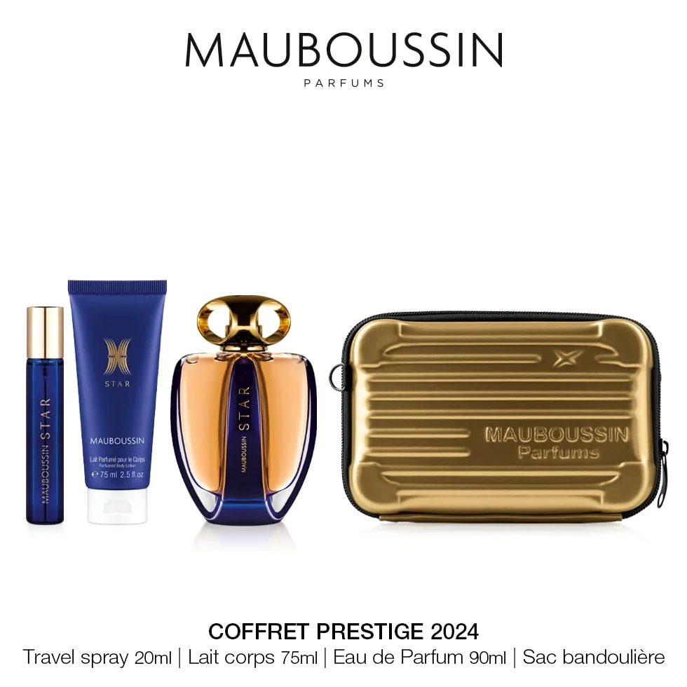 Mauboussin - Coffret Prestige Star : Eau de Parfum 90ml, Lait Corps 75ml, Travel Spray 20ml & Sac Bandoulière