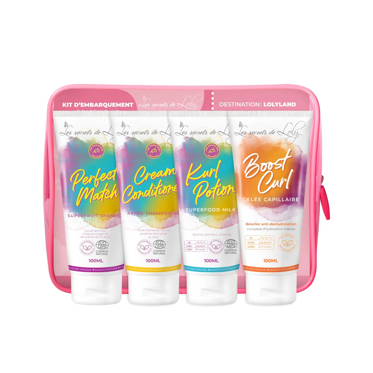 Les Secrets de Loly - Trousse de Voyage Cheveux Ondulés – 4 Soins 100ml | Shampooing + Après-Shampooing + Leave-in + Gelée | Format Cabine