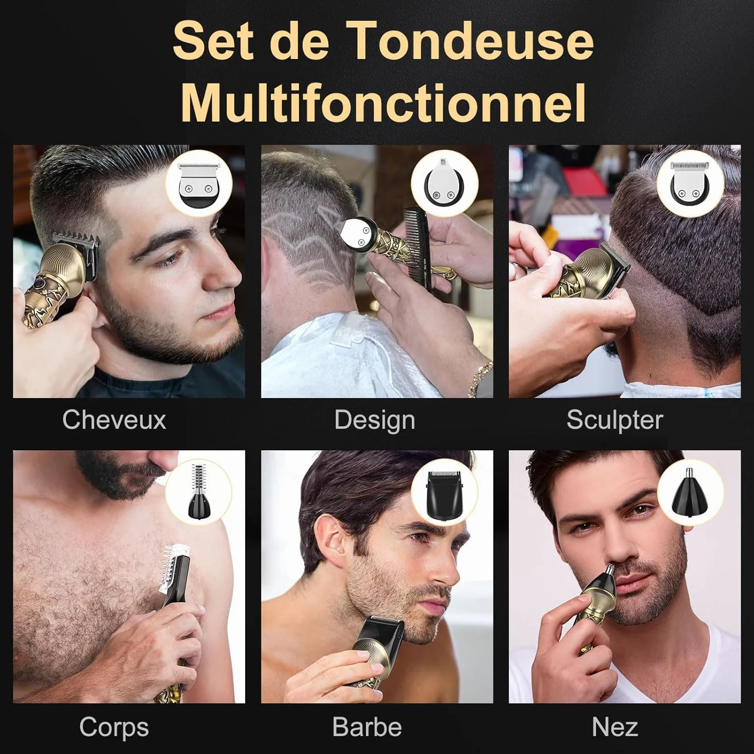 Professionnelle Tondeuse Cheveux Barbe Homme Sans Fil Rasoir avec Affichage Type-C USB, Kit 5-en-1 pour Homme