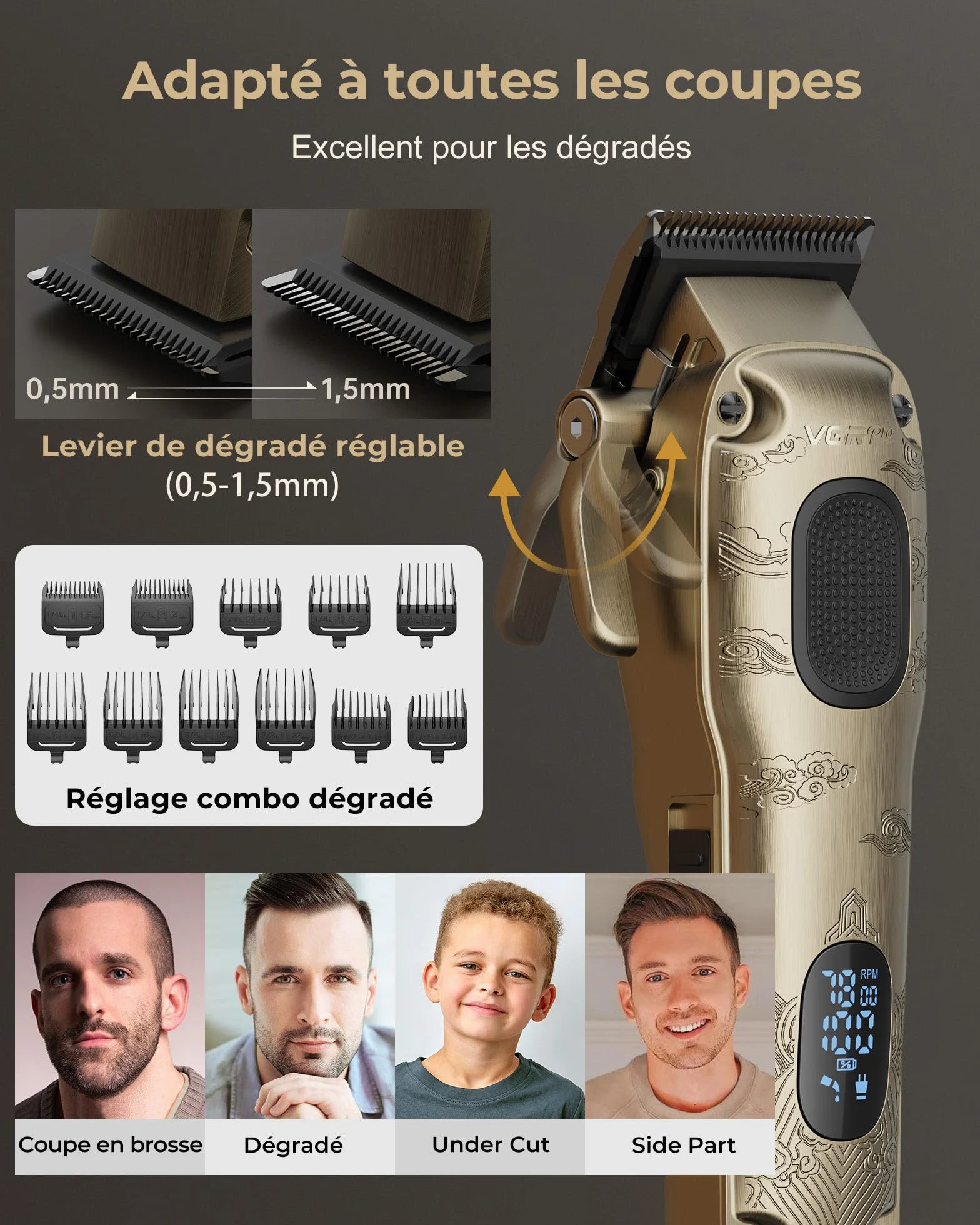 Tondeuse Cheveux Hommes Professionnelle Sans Fil VGRPRO Kit avec T-lames Trimmer Homme Électrique