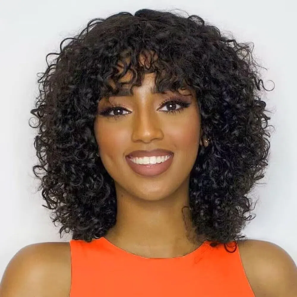 Perruque Femme Naturelle Brésilien Bouclée De Cheveux Humain Avec Frange Sans Colle Curly Bob Wig With Bangs Human Hair Glueless Wig No Lace Bouclée Perruque Femme Courte Noir Naturel 10 Pouces