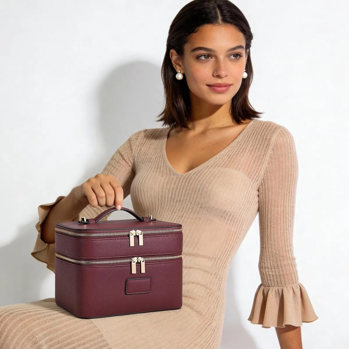 Starnearby Trousse de Maquillage Double Couche Grande Capacité en Cuir Femme, Trousse de Toilette Voyage avec Compartiments Amovibles, Vanity Maquillage Femme, Trousse Cosmétique Portable (Bordeaux)