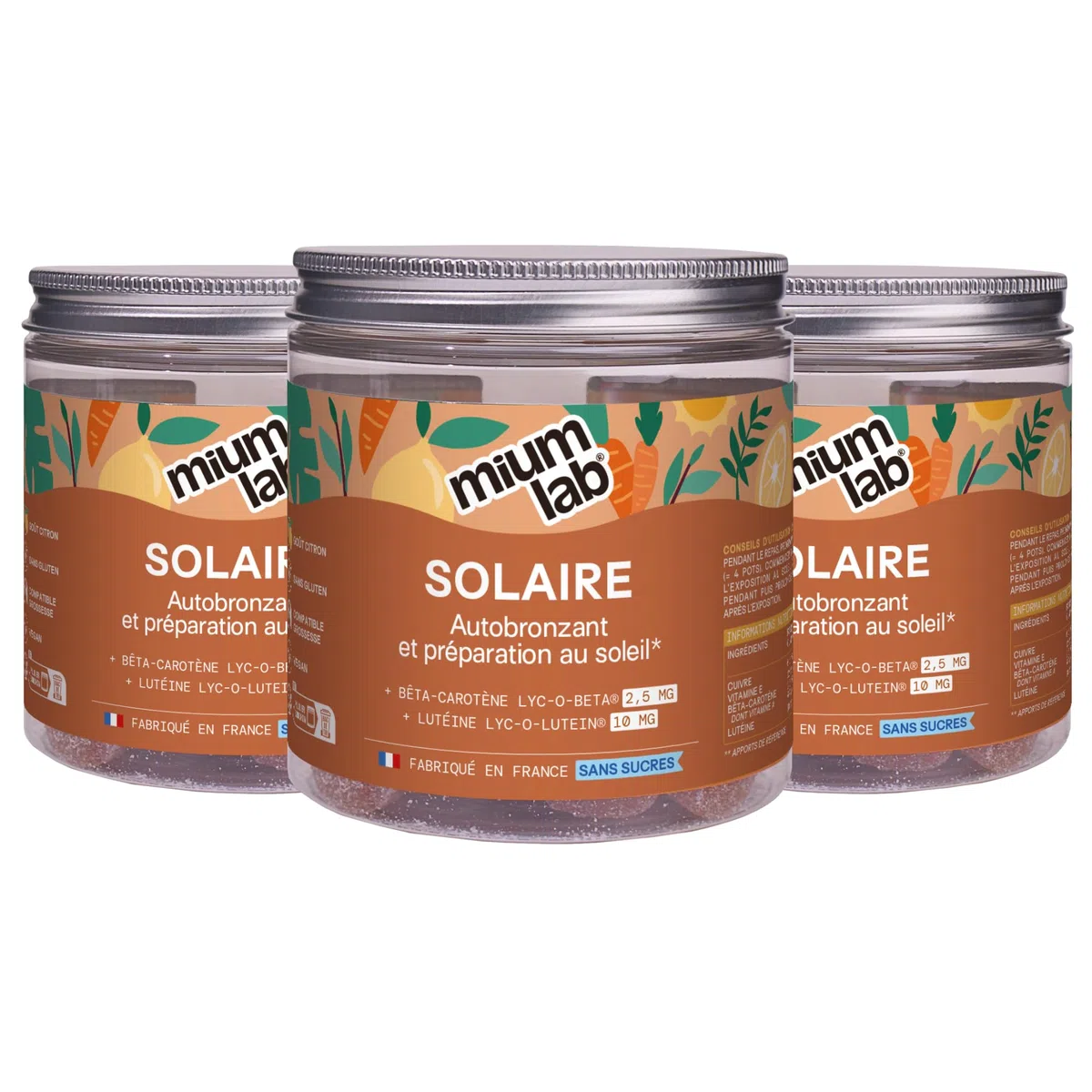 Mium Lab Gummies Solaire Complément Alimentaire Bronzage Bêta-carotène Vit E Cuivre Sans Sucres Cure 63J Fabriqué en France