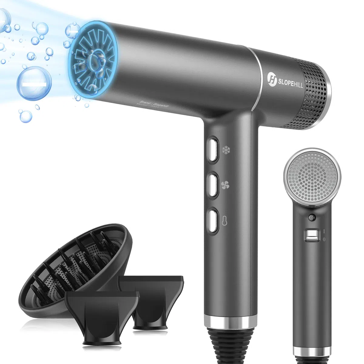 Slopehill Sèche-Cheveux Professionnel avec Moteur Sans Balais Unique | Micro-Filtre Innovant | Technologie Oxy Active | Affichage Led | 268g Super Léger, 2000w (Gris)