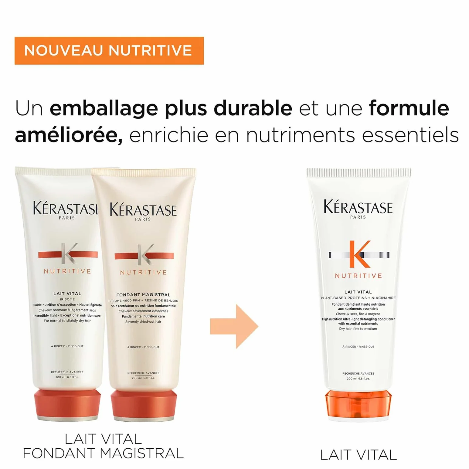KÉRASTASE Nutritive Lait Vital Après-Shampoing Démêlant 200 ml Niacinamide Protéines Végétales Cheveux Secs Fins Hydratation 72h