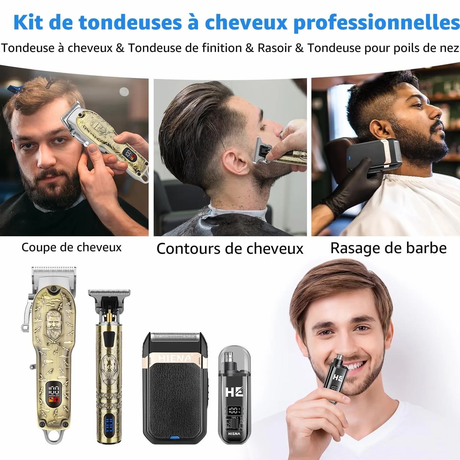 HIENA PRO Tondeuse à cheveux professionnelle homme sans fil rechargeable USB Set 814