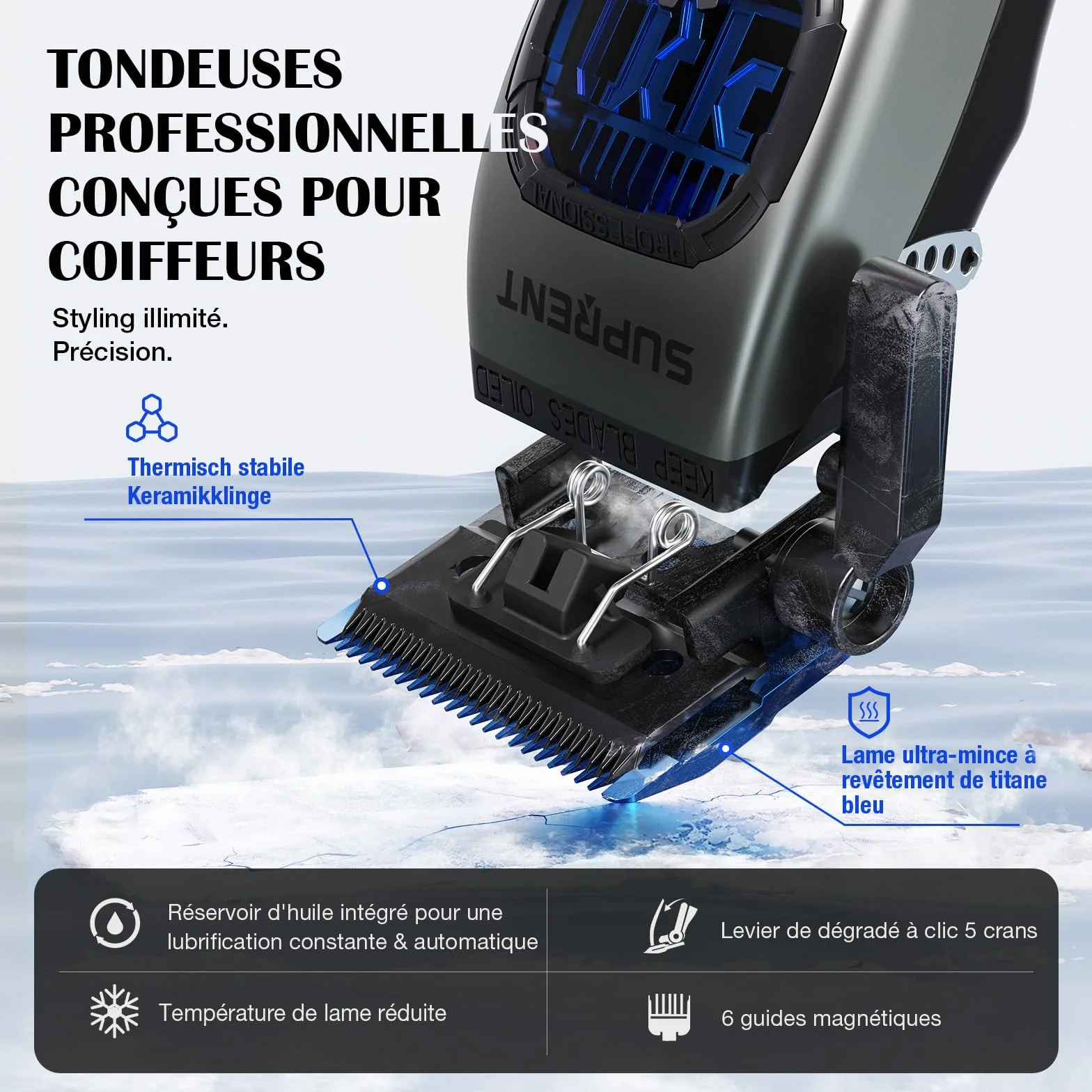 SUPRENT Tondeuse à cheveux professionnelle homme - Lame fade titane réglable Zero-Gap - 5 niveaux - Peignes magnétiques - Batterie 2500 mAh