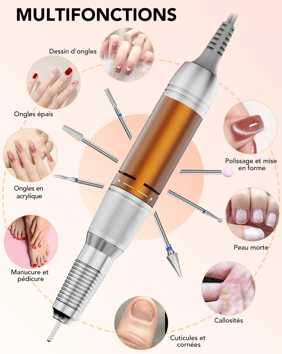 Ponceuse pour Ongles Professionnel: 45000 RPM Ponceuse Ongle avec Pédale & Écran LED, Vitesse Réglable F/R, 10 en 1 Lime a Ongle Electrique pour Acrylique/Gel, Ponceuse Manucure pour Salon/Maison