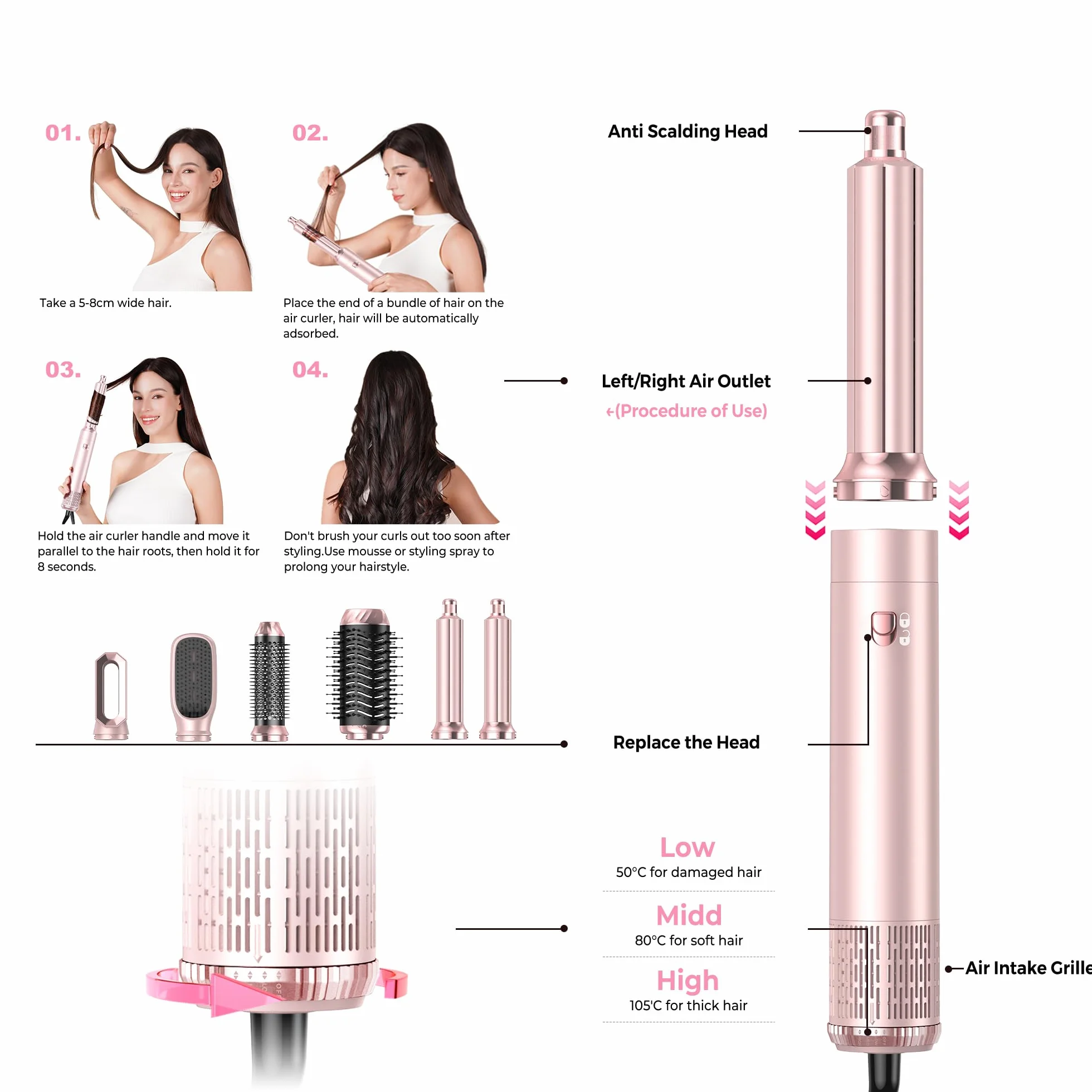 MogaWave Pro Airbrush Air Styler 1000W Brosse Soufflante Seche Cheveux Brushing Boucleur