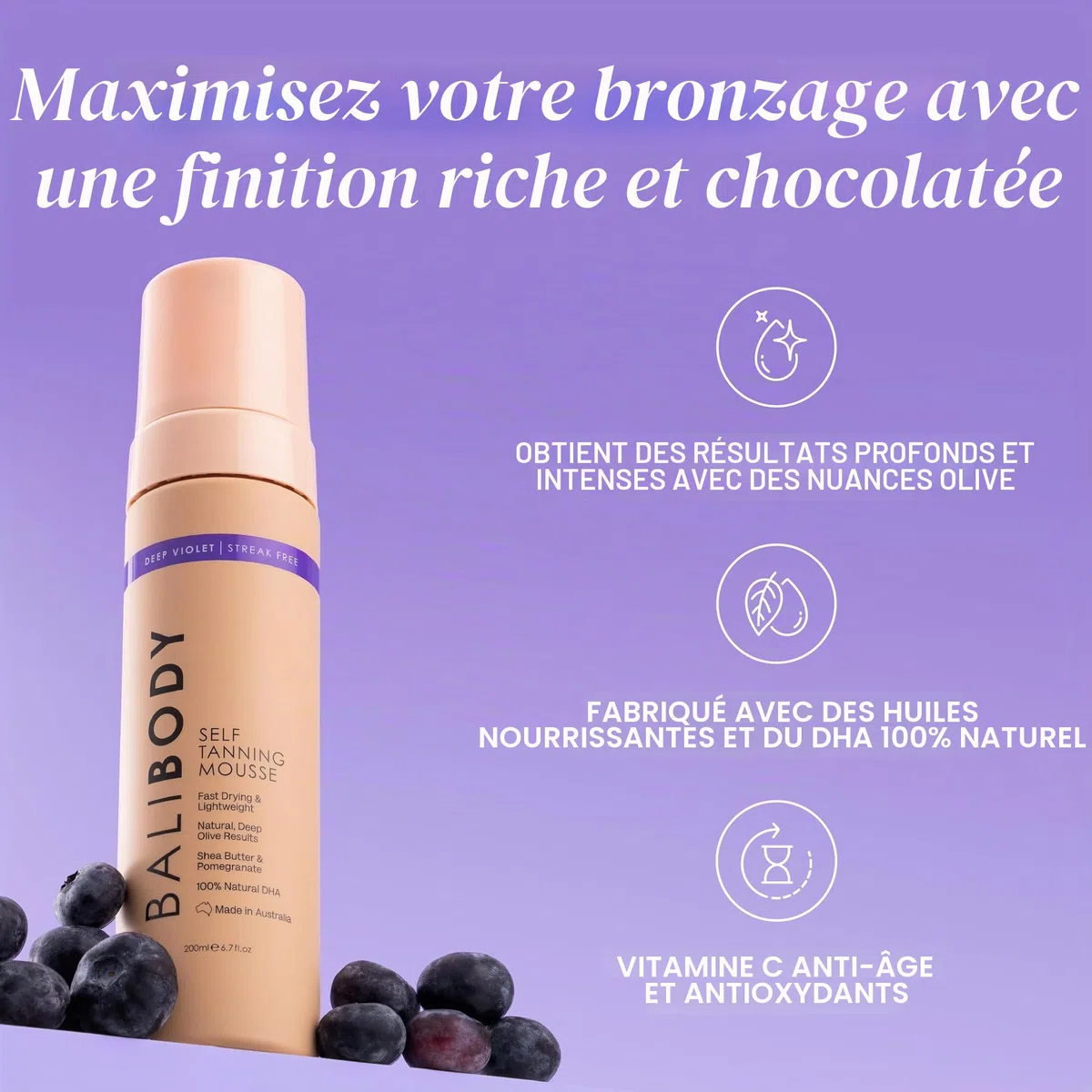 Bali Body Deep Violet Mousse autobronzante – Formule autobronzante à base de violette pour bronzage foncé, faux bronzage avec nuances d'olive – Hydratant, bronzant sans soleil pour peaux sensibles