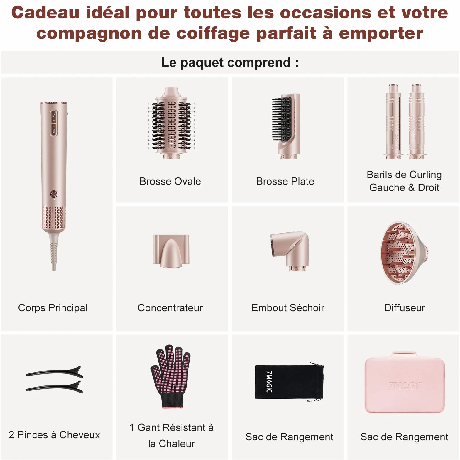7MAGIC 7 en 1 Air Styler Sèche-cheveux Ionique Brosse Soufflante Lisseur Fer à Friser Automatique Ensemble Coiffure Multifonction avec Boîte Voyage