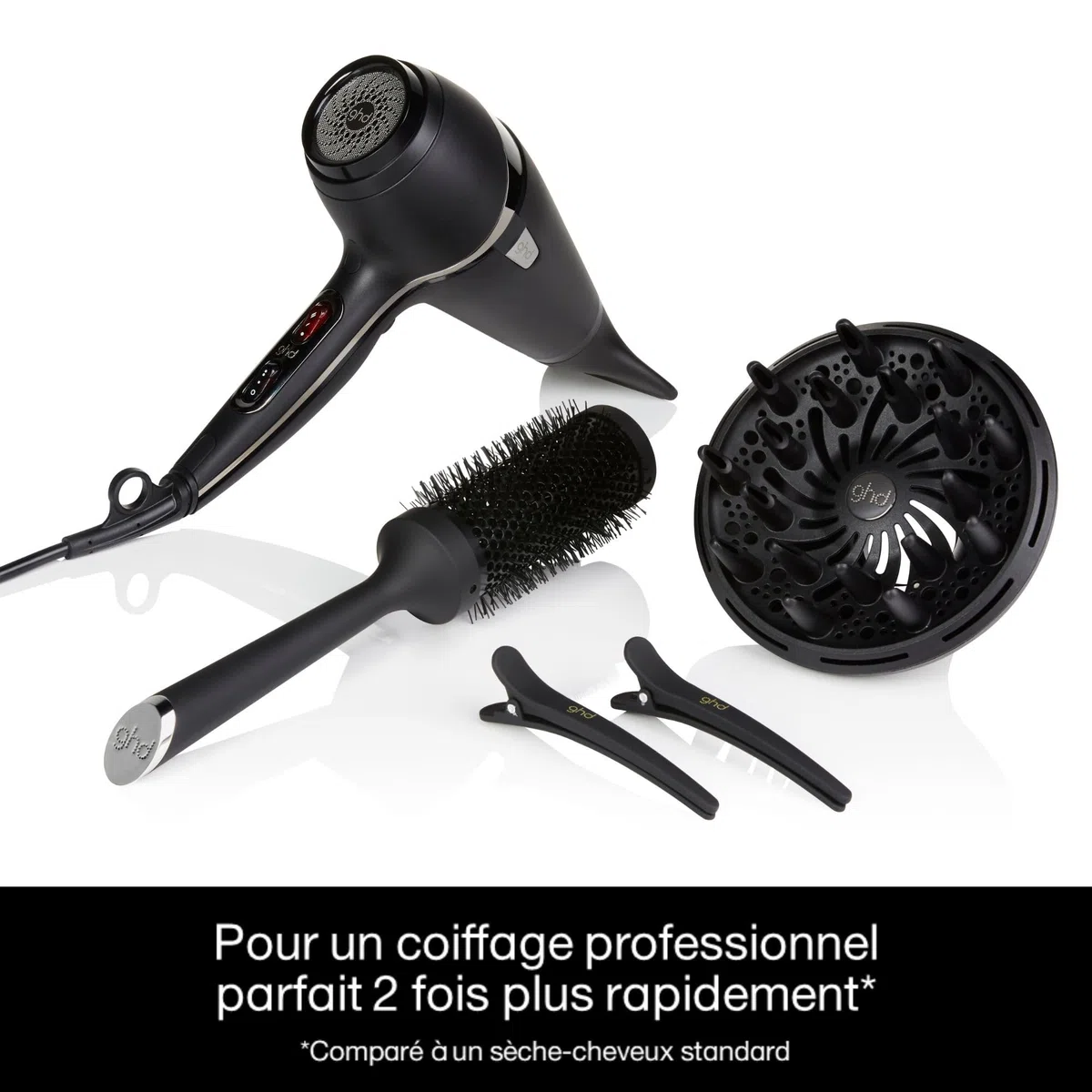 ghd - Coffret sèche-cheveux ghd Air - Sèche-cheveux professionnel (Noir) - Brosse, Diffuseur et Pinces inclus - Séchage et coiffage rapide - Réduit les frisottis - Idéal pour tous types de cheveux