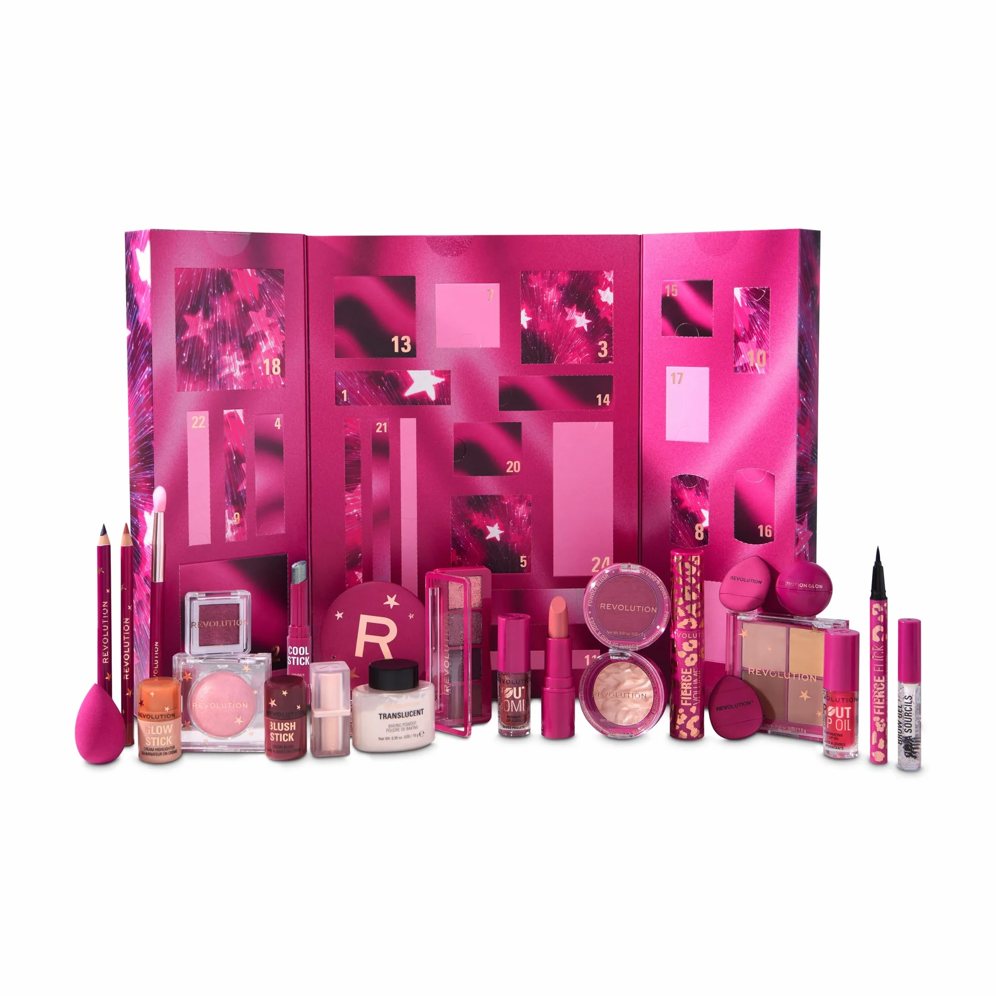 Revolution Makeup Advent Calendar 2025, 24 essentiels beauté, coffret cadeau avec gloss, enlumineur, blush, pinceaux et mascara, Végan